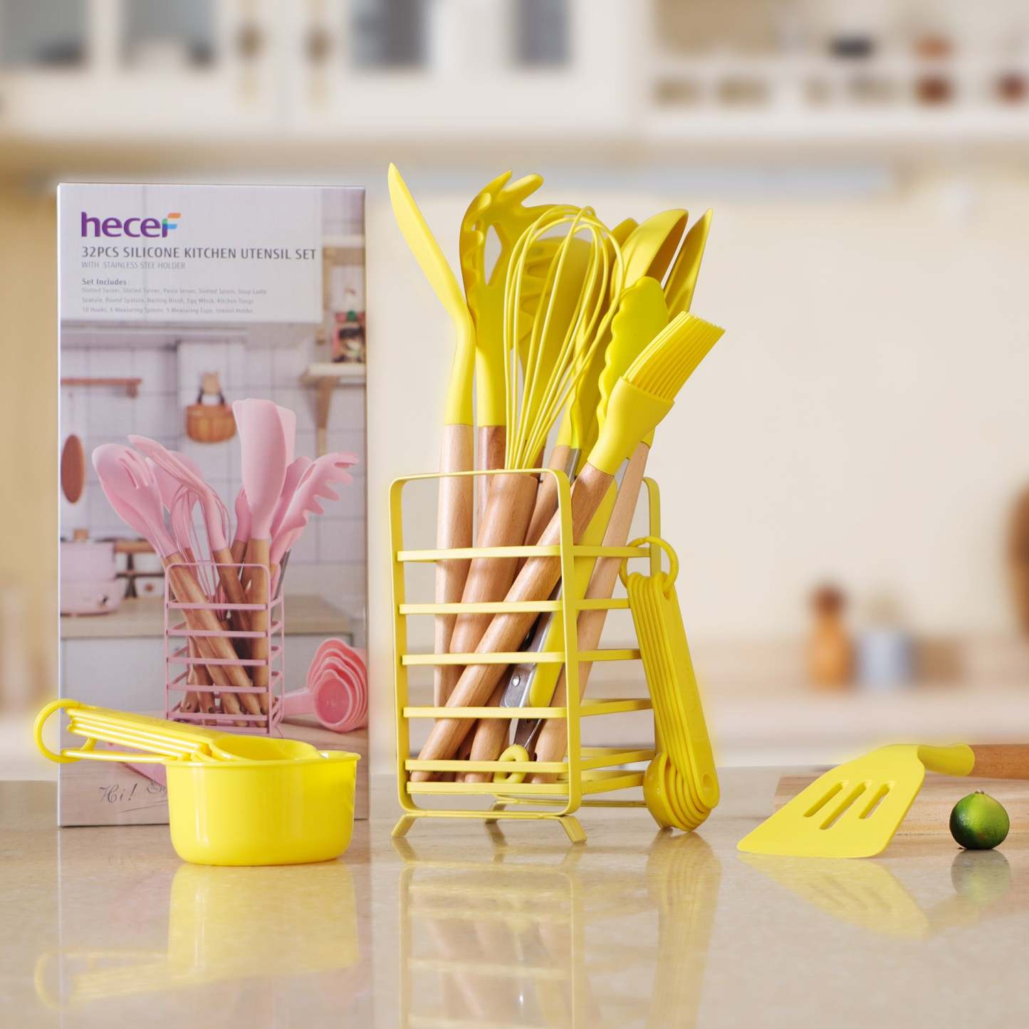 Hecef 32 PCS Kitchen Utensils Set, Silicone Cooking Utensils Set with Stainless Steel Holder, 446°F Heat Resistant Food Grade Kitchen Gadgets Tools Set Wooden Handle for Nonstick Cookware - Hecef Kitchen