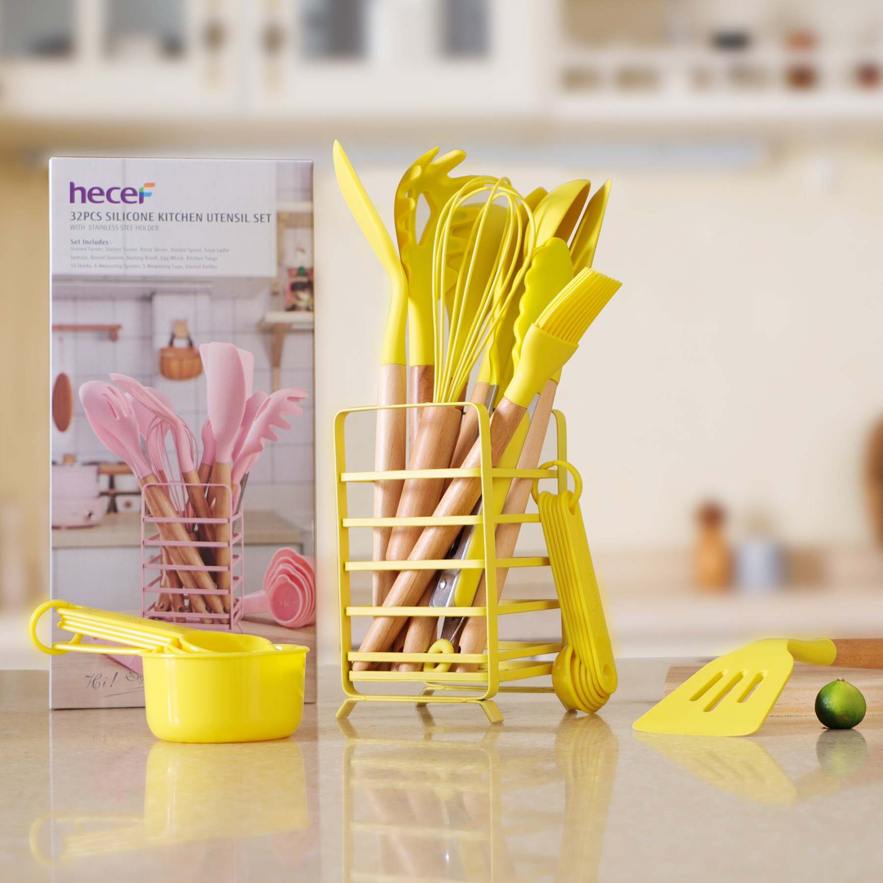Hecef 32 PCS Kitchen Utensils Set, Silicone Cooking Utensils Set with Stainless Steel Holder, 446°F Heat Resistant Food Grade Kitchen Gadgets Tools Set Wooden Handle for Nonstick Cookware - Hecef Kitchen