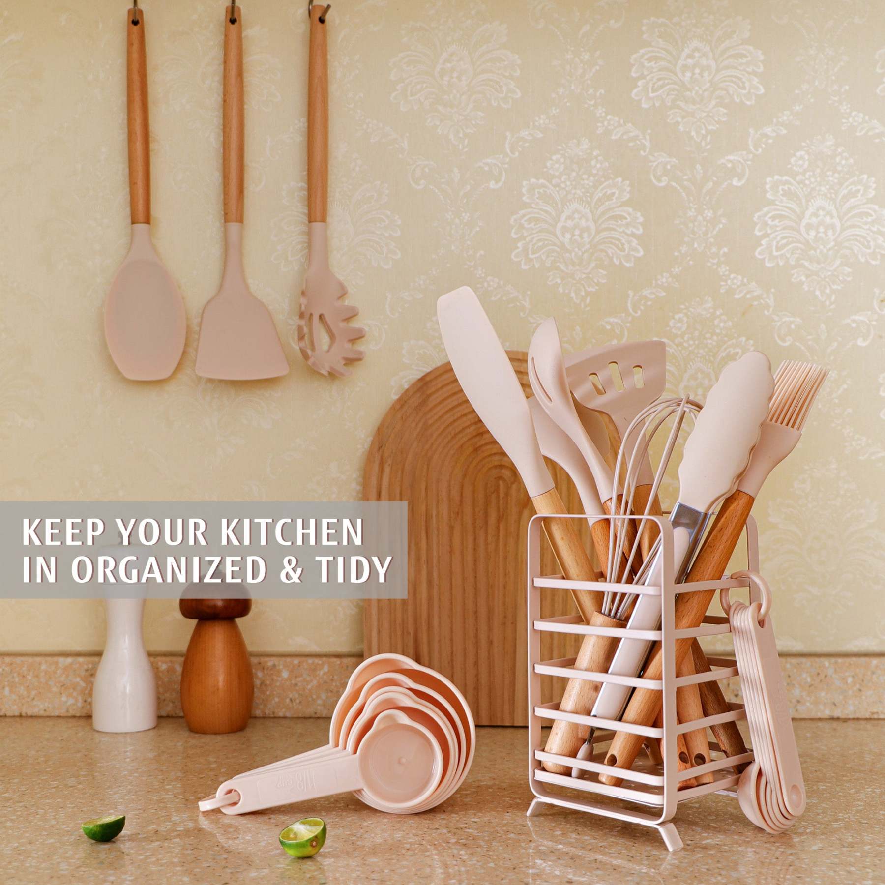 Hecef 32 PCS Kitchen Utensils Set, Silicone Cooking Utensils Set with Stainless Steel Holder, 446°F Heat Resistant Food Grade Kitchen Gadgets Tools Set Wooden Handle for Nonstick Cookware - Hecef Kitchen