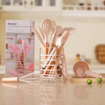 Hecef 32 PCS Kitchen Utensils Set, Silicone Cooking Utensils Set with Stainless Steel Holder, 446°F Heat Resistant Food Grade Kitchen Gadgets Tools Set Wooden Handle for Nonstick Cookware - Hecef Kitchen