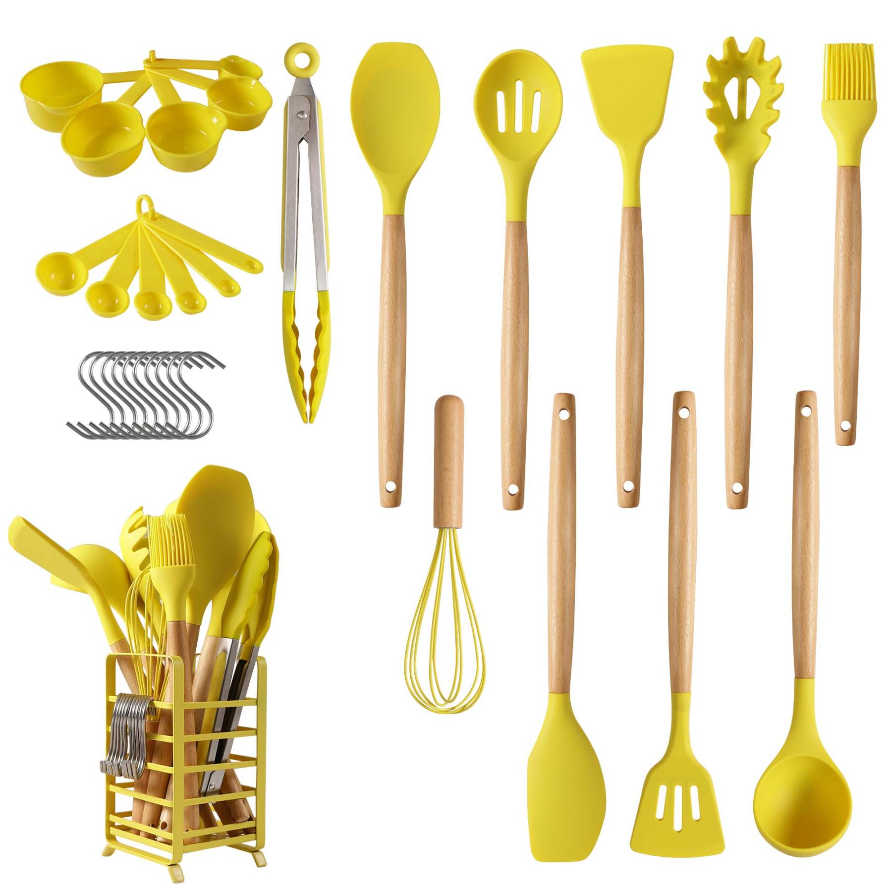 Hecef 32 PCS Kitchen Utensils Set, Silicone Cooking Utensils Set with Stainless Steel Holder, 446°F Heat Resistant Food Grade Kitchen Gadgets Tools Set Wooden Handle for Nonstick Cookware - Hecef Kitchen