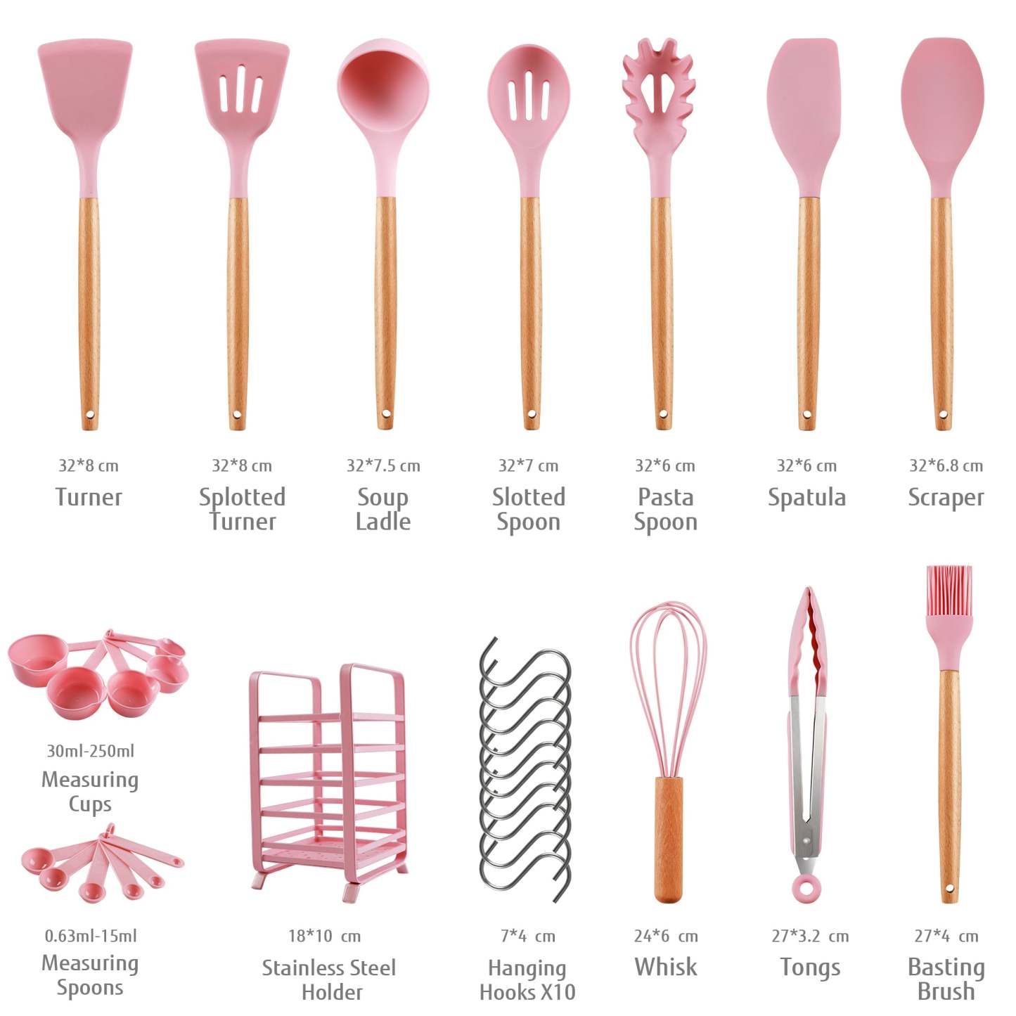 Hecef 32 PCS Kitchen Utensils Set, Silicone Cooking Utensils Set with Stainless Steel Holder, 446°F Heat Resistant Food Grade Kitchen Gadgets Tools Set Wooden Handle for Nonstick Cookware - Hecef Kitchen