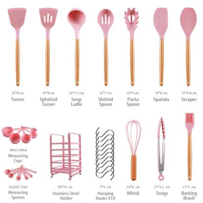 Hecef 32 PCS Kitchen Utensils Set, Silicone Cooking Utensils Set with Stainless Steel Holder, 446°F Heat Resistant Food Grade Kitchen Gadgets Tools Set Wooden Handle for Nonstick Cookware - Hecef Kitchen