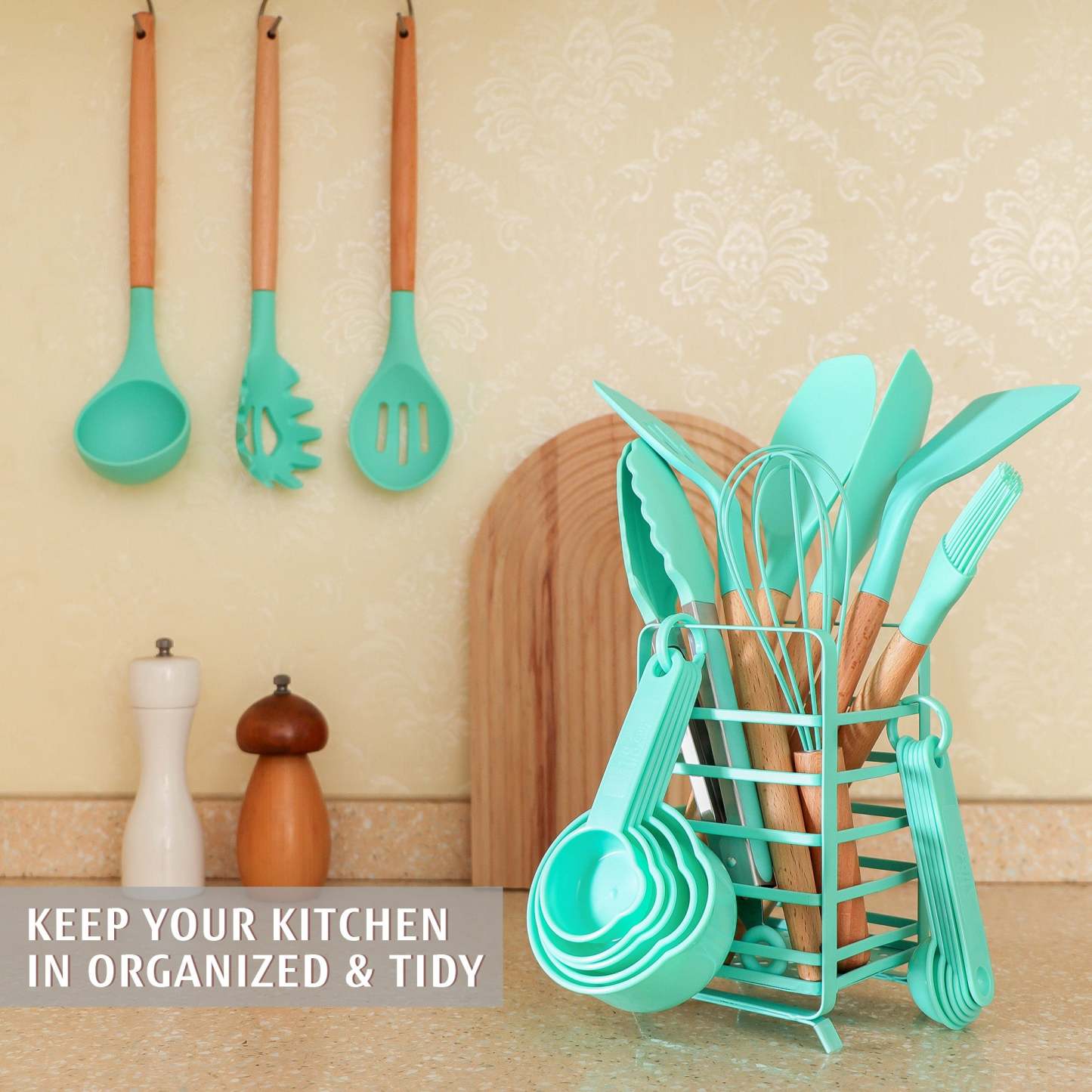 Hecef 32 PCS Kitchen Utensils Set, Silicone Cooking Utensils Set with Stainless Steel Holder, 446°F Heat Resistant Food Grade Kitchen Gadgets Tools Set Wooden Handle for Nonstick Cookware - Hecef Kitchen