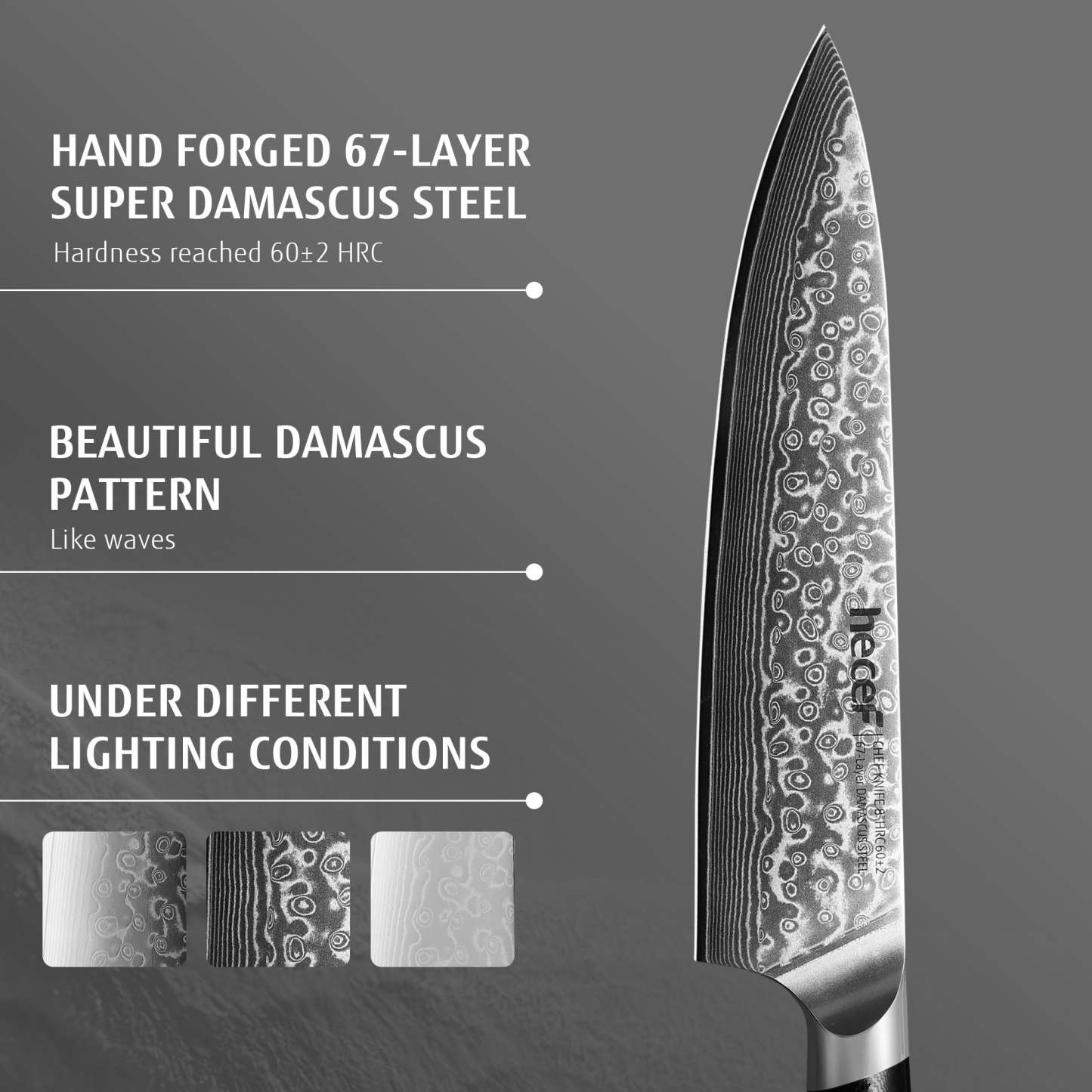 Hecef Japanese Damascus Chef Knife 8 inch/ 20 cm Razor Sharp Professional Chef Cooking Knife 67 Layers Damascus VG10 Steel - Hecef Kitchen