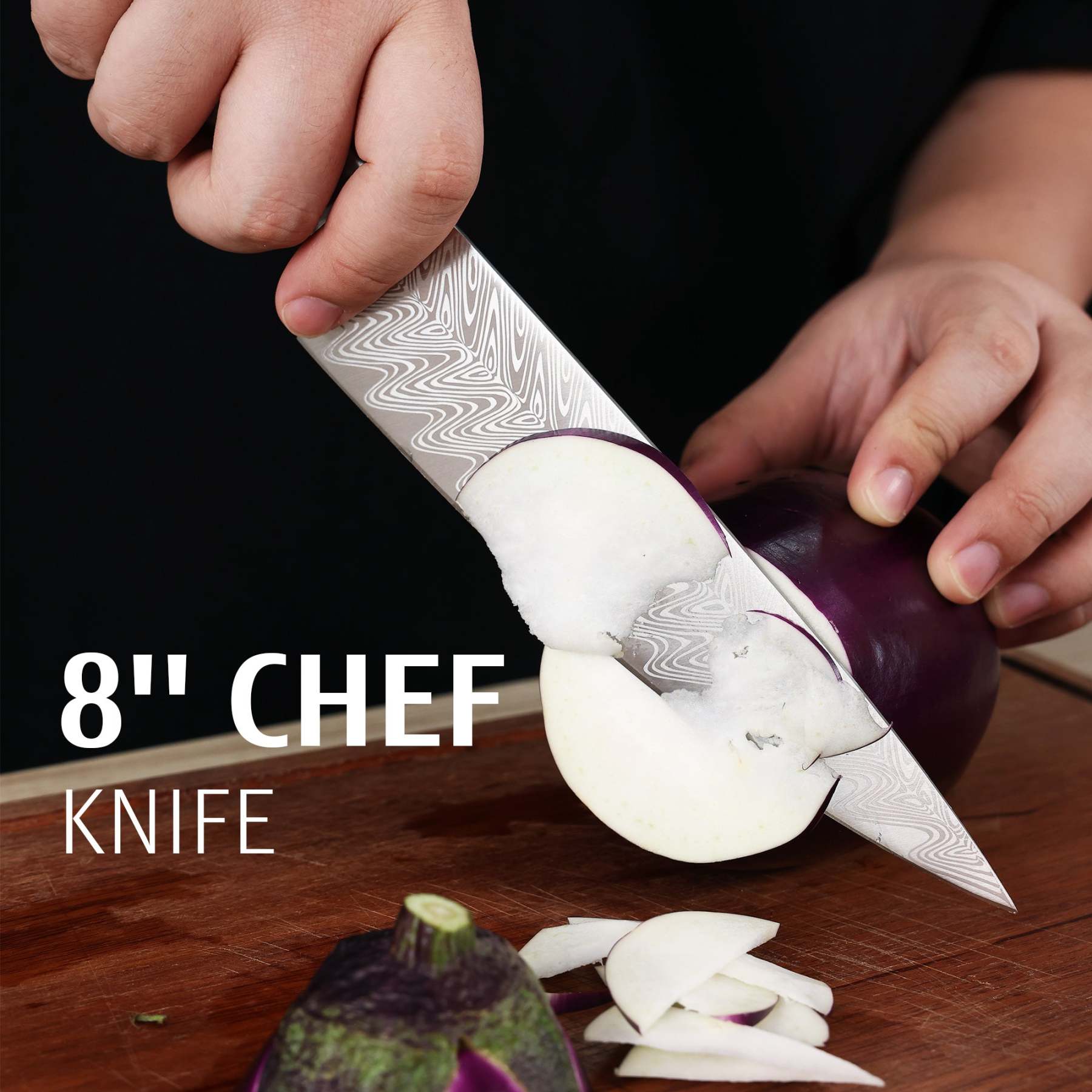 hecef Damascus Style Kitchen Knife Set with Patented Handle, 15 Pieces High Carbon Stainless Steel Chef Knives Set with Wooden Block, Steak Knives, Scissors, Sharpening Steel - Hecef Kitchen