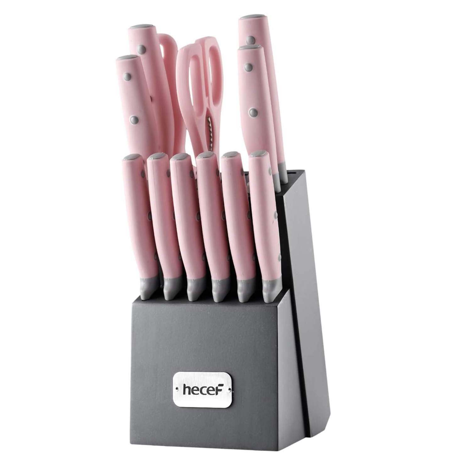 Hecef Kitchen Knife Block Set, 14 Pieces Knife Set with Wooden Block & Sharpener Steel & All-purpose Scissors, High Carbon Stainless Steel Cutlery Set