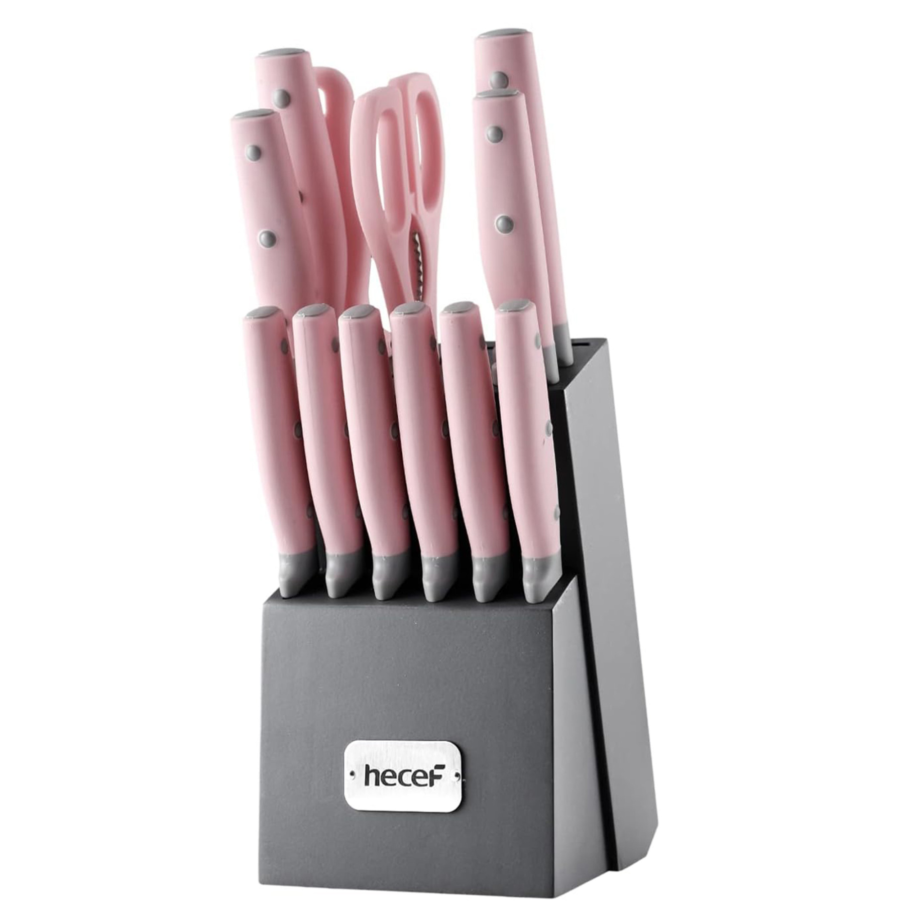 Hecef Kitchen Knife Block Set, 14 Pieces Knife Set with Wooden Block & Sharpener Steel & All-purpose Scissors, High Carbon Stainless Steel Cutlery Set