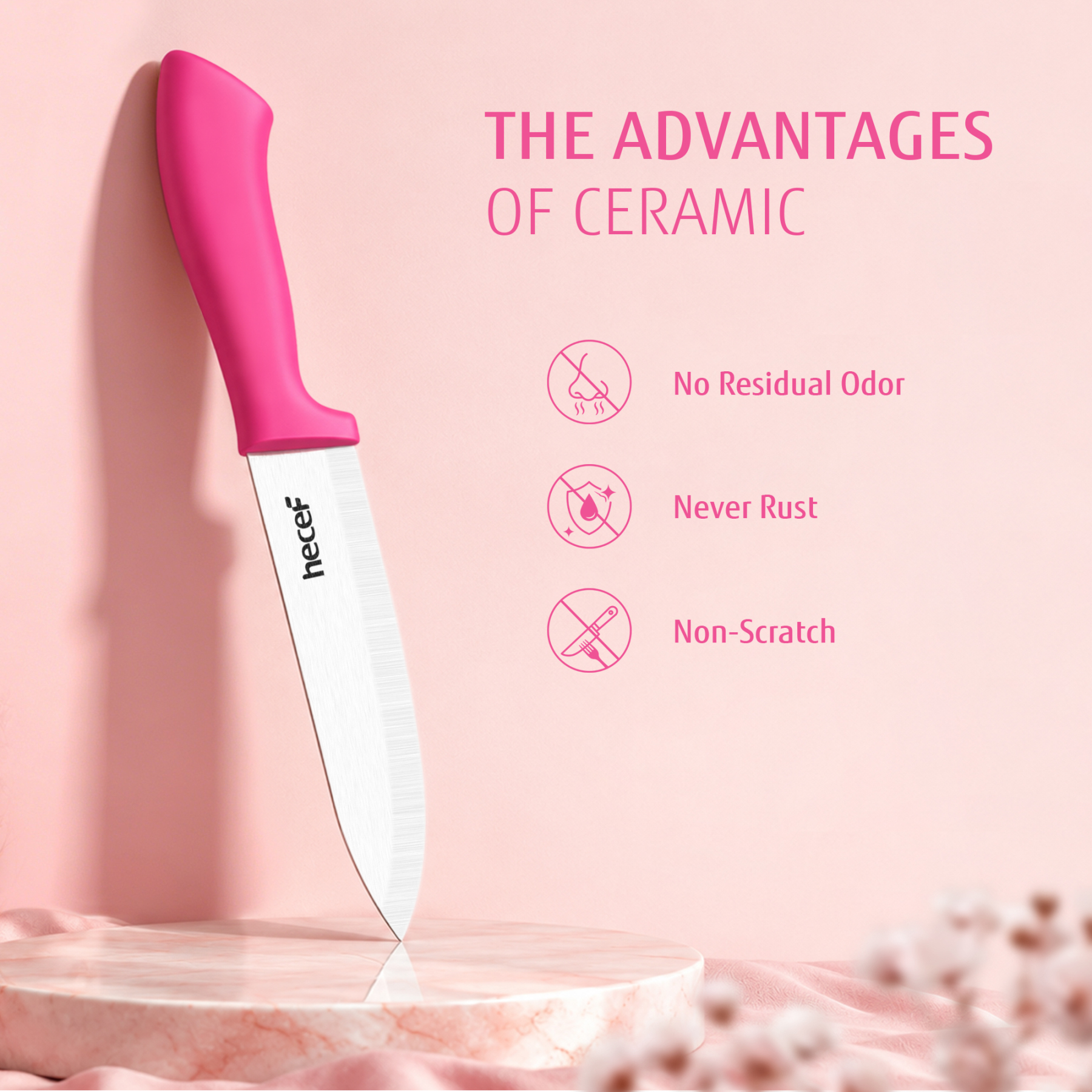 Hecef 3-Piece Ceramic Knife Set With 3 Blade Covers, Hot Pink Sharp Chef Utility Paring Knife