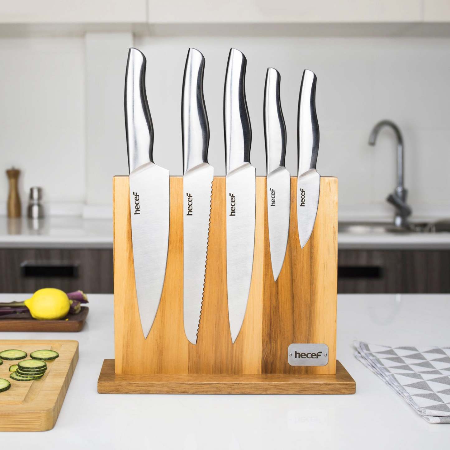 Hecef Kitchen All-Metal Knife Set of 6 with Wooden Magnetic Knife Block - Hecef Kitchen