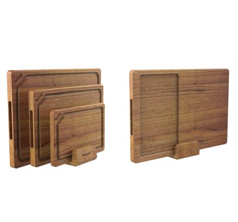 Hecef 3PCS Multi-size Chinaberry Wood Cutting Board Set Storage Stand, Juice Groove Chopping Board Set