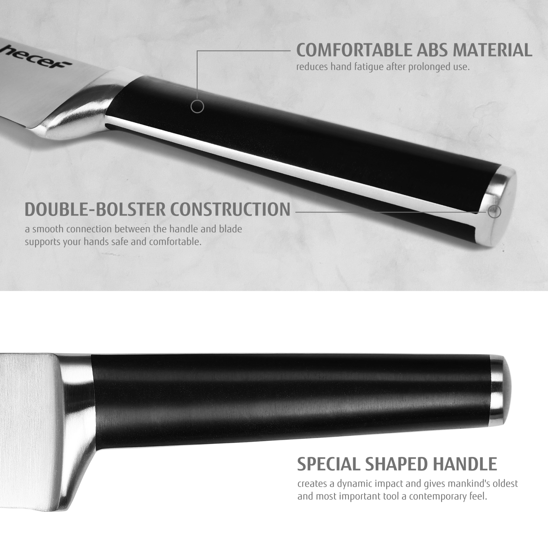 hecef 7pcs knife set with block – forged stainless steel kitchen knives, full tang handle with double bolster Red Dot Design Award, gift idea for the kitchen