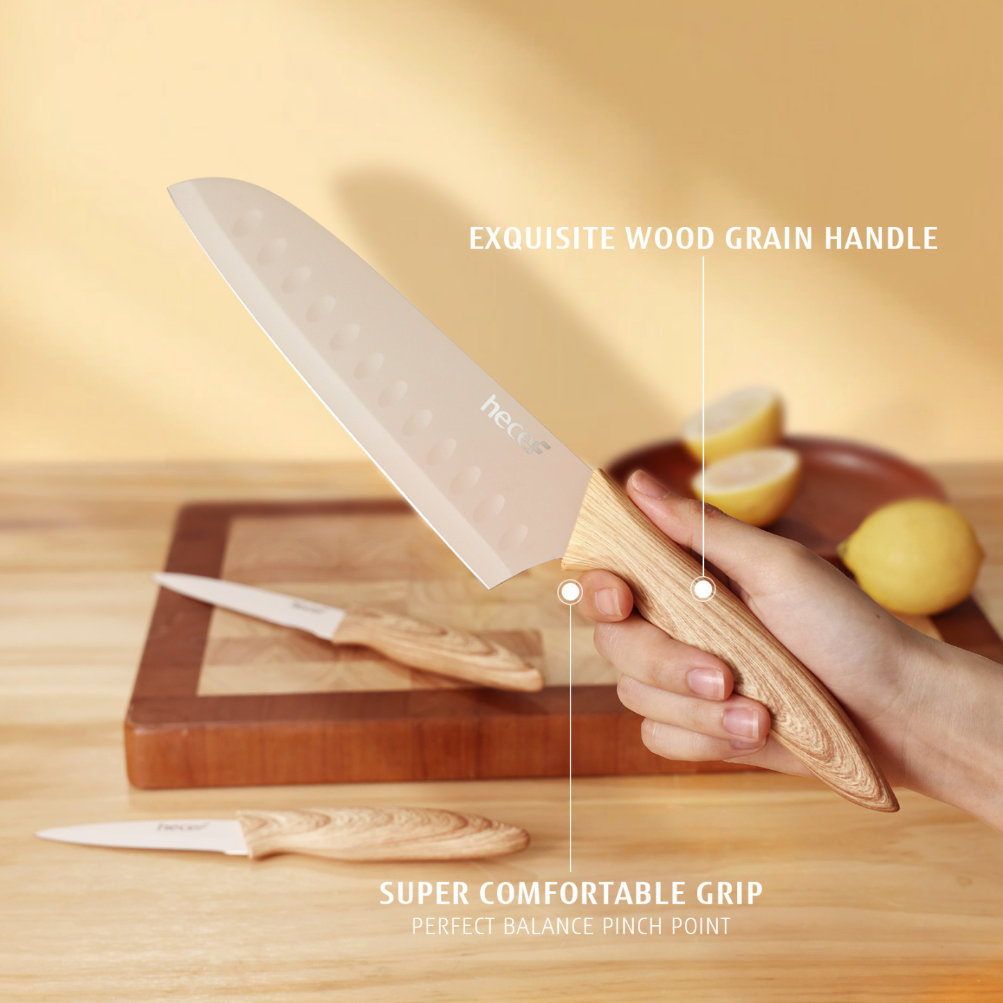 hecef 3-Piece Kitchen Knife Set Non-Stick Coating Knives with Soft-Touch Handle, Professional Sharp Stainless Steel Blade for Chopping, Slicing, and Dicing