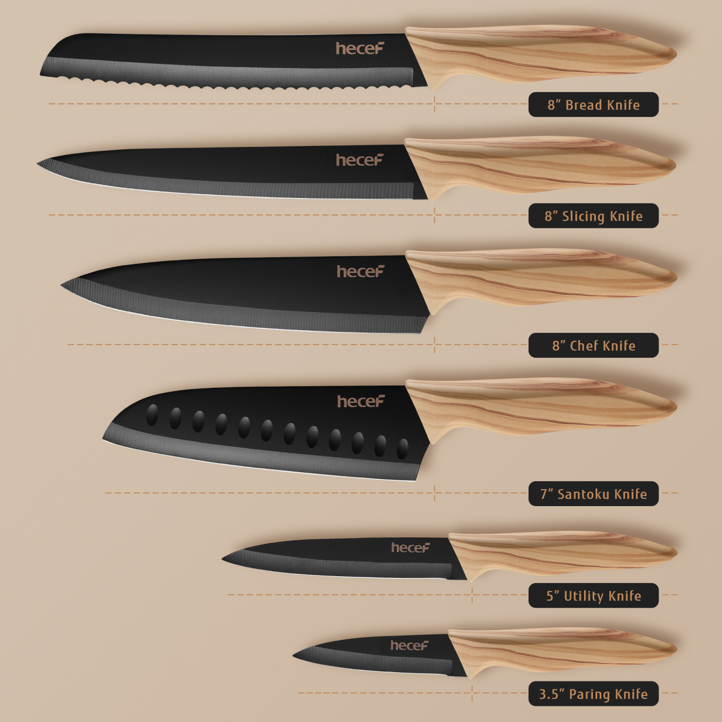 Hecef 6PCS Kitchen Knife Set Ultra Sharp Stainless Steel Chef's Knife with Knife Case