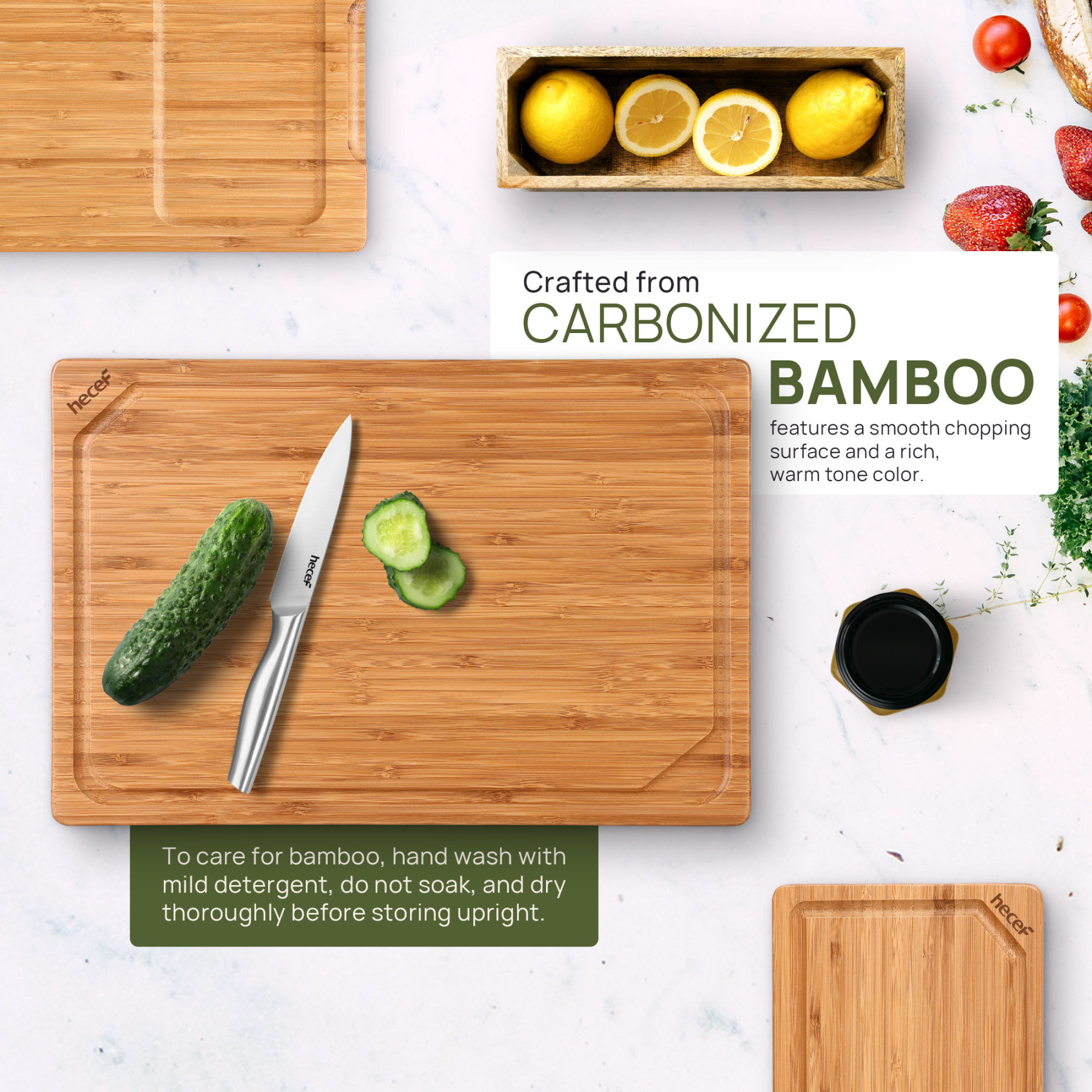 Hecef Carbonized Bamboo Cutting Board Set With Stand, 3 Reversible Chopping And Serving Boards, 15 Inch