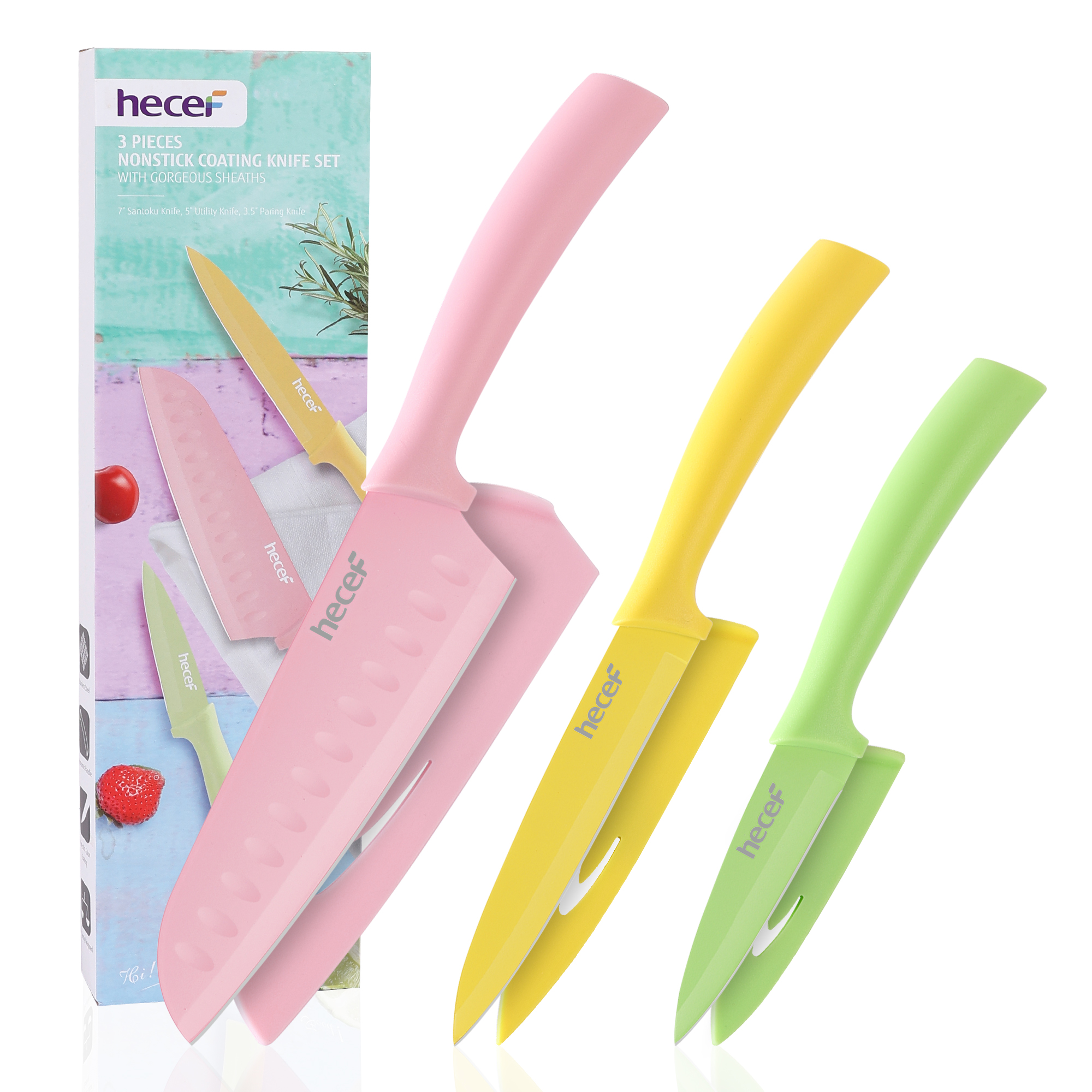 3PCS Kitchen knife Set with Covers Stainless Steel Colour Coded Non-Stick Knives
