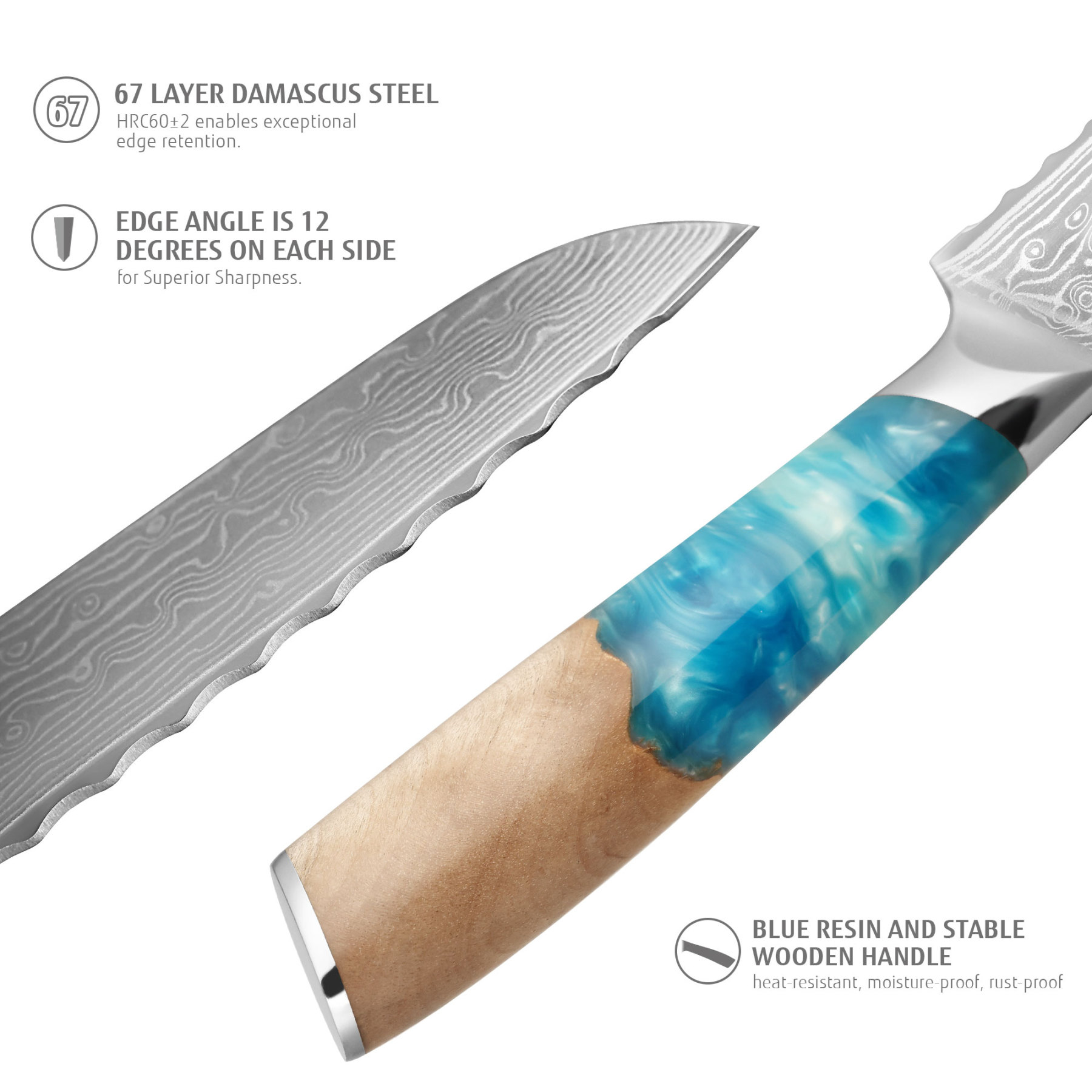 hecef 8.1in Damascus Bread Knife High Carbon Stainless Steel Ultra Sharp Janpanese Kitchen Knives with Resin Handle