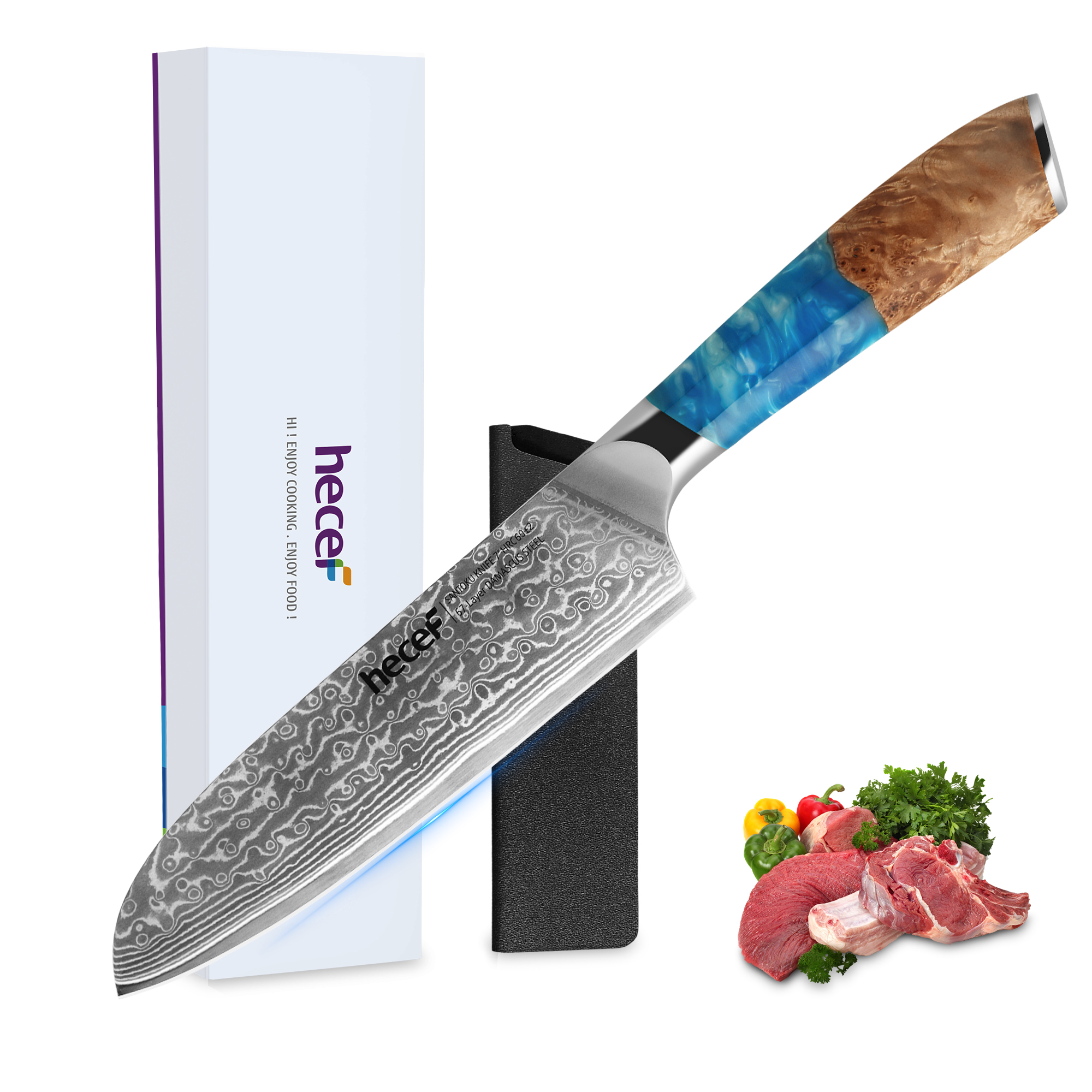 hecef 7in Damascus Chef Knife, High Carbon Stainless Steel Ultra Sharp Janpanese Kitchen Knives with Resin Handle 