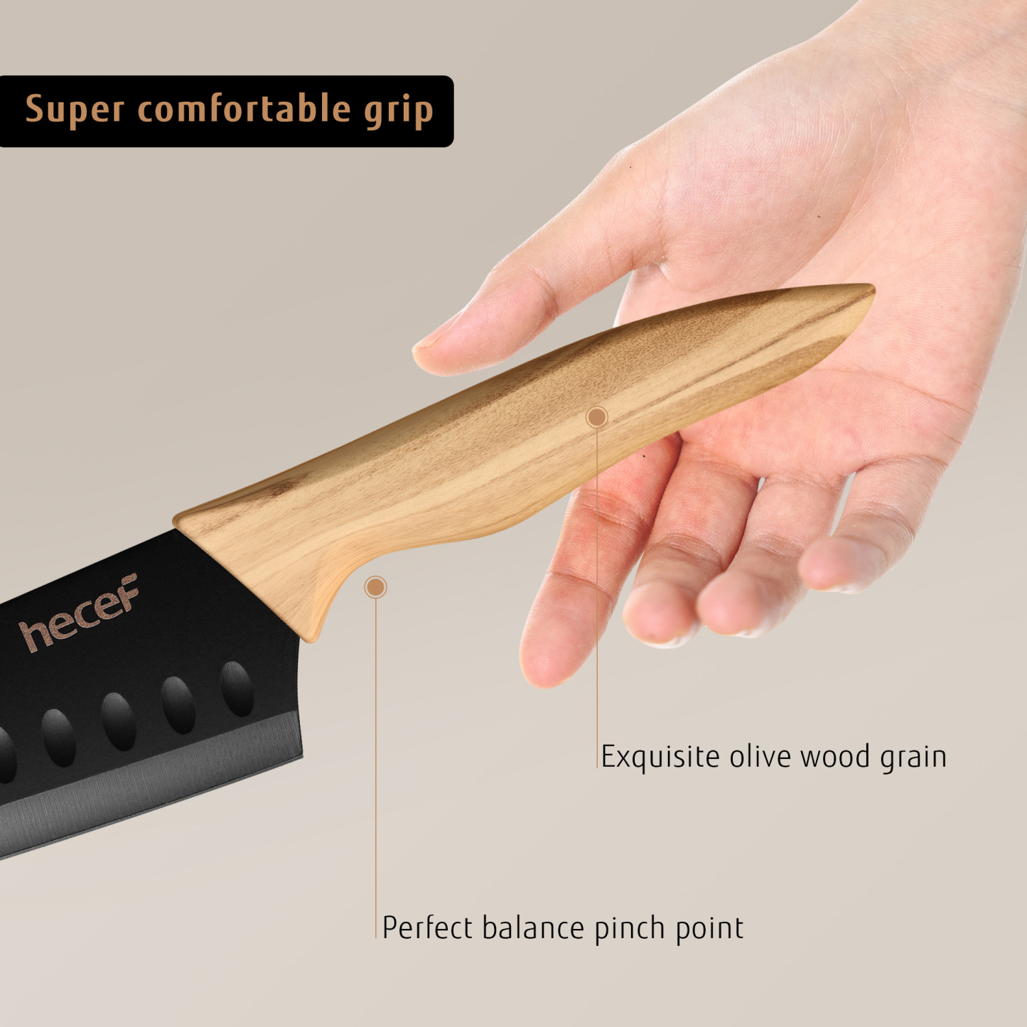 hecef 6-piece kitchen knife set with block stainless steel blades olive wood look chef's knife set