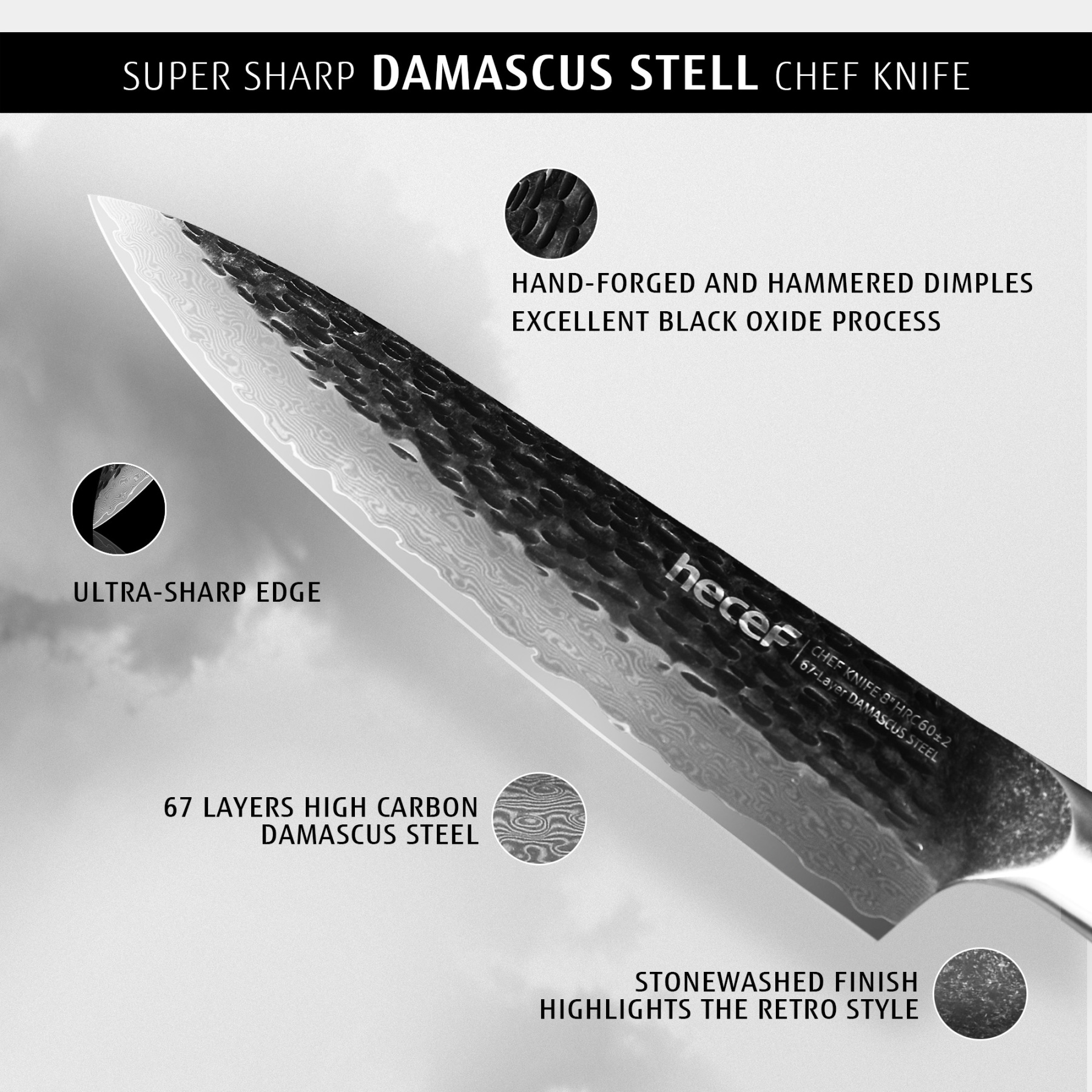Hecef 8-Inch Japanese Chef Knife, Forged 67-Layer Damascus Steel Ultra Sharp Professional Hammered Carving Knife