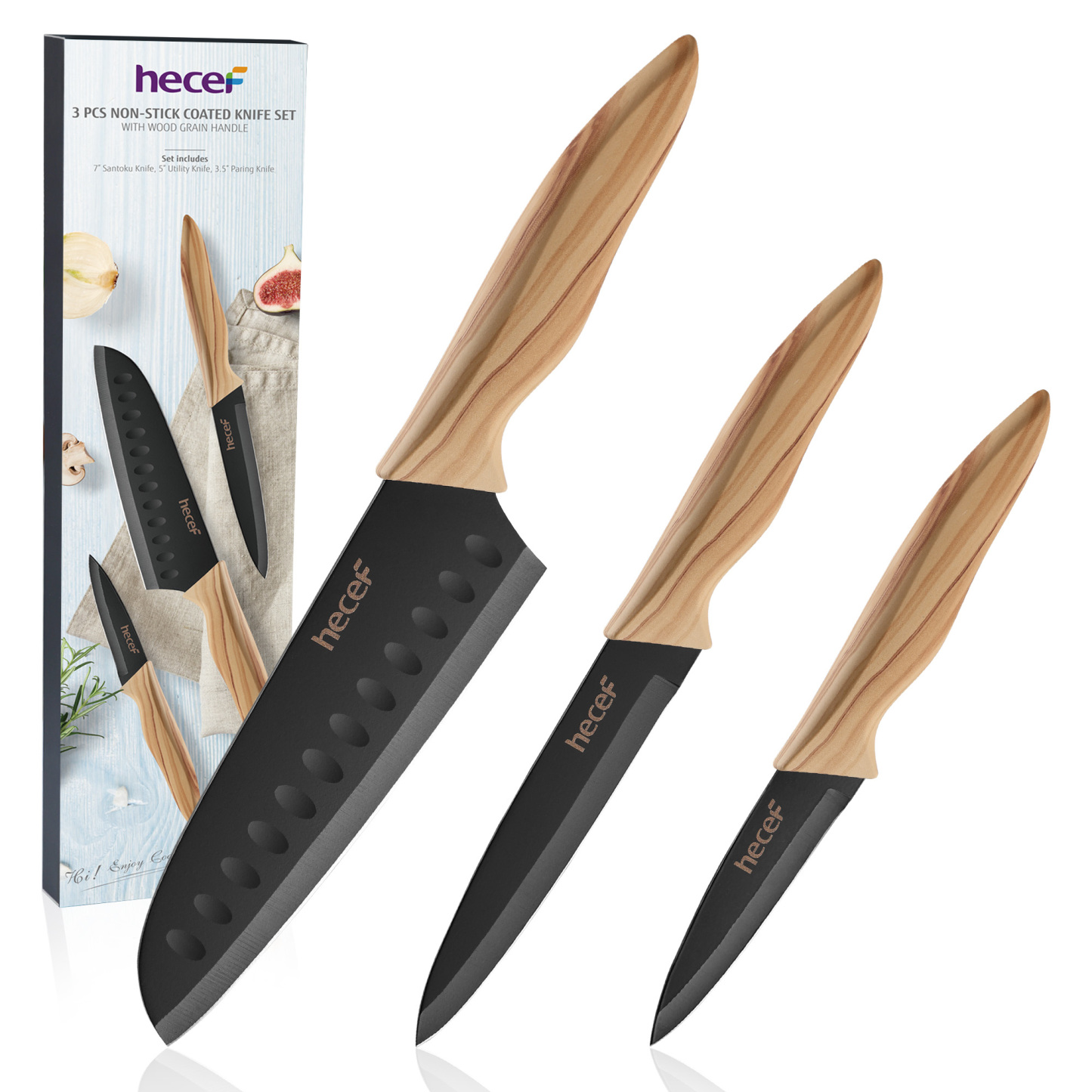 hecef 3-Piece Kitchen Knife Set Non-Stick Coating Knives with Soft-Tou