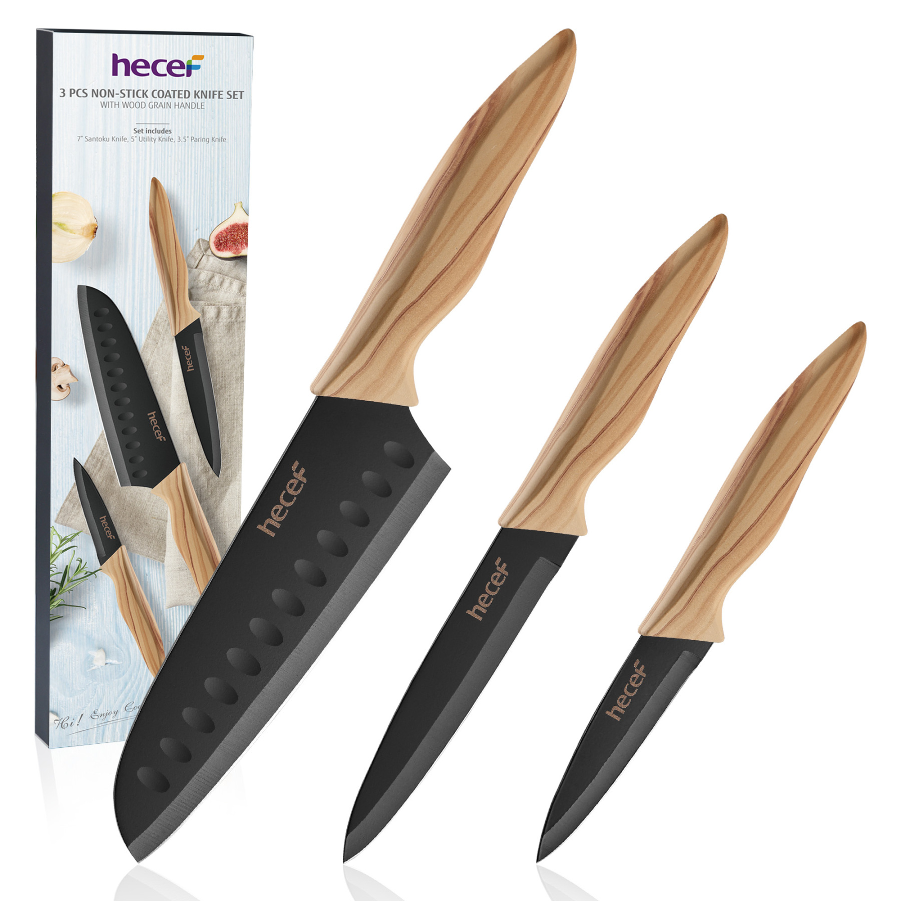 hecef 3-Piece Kitchen Knife Set Non-Stick Coating Knives with Soft-Tou