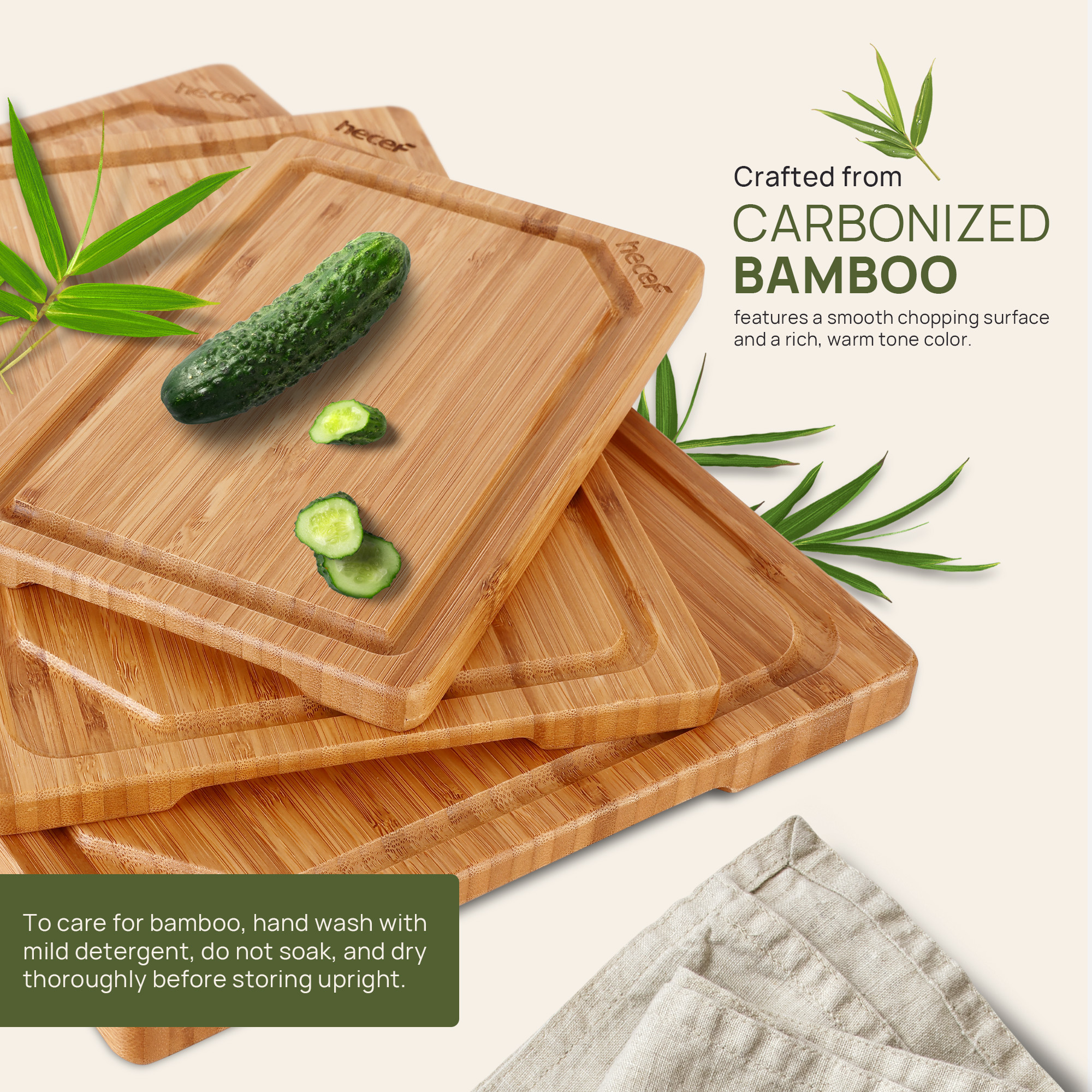 Hecef Carbonized Bamboo Cutting Board Set With Stand, 3 Reversible Chopping And Serving Boards, 15 Inch