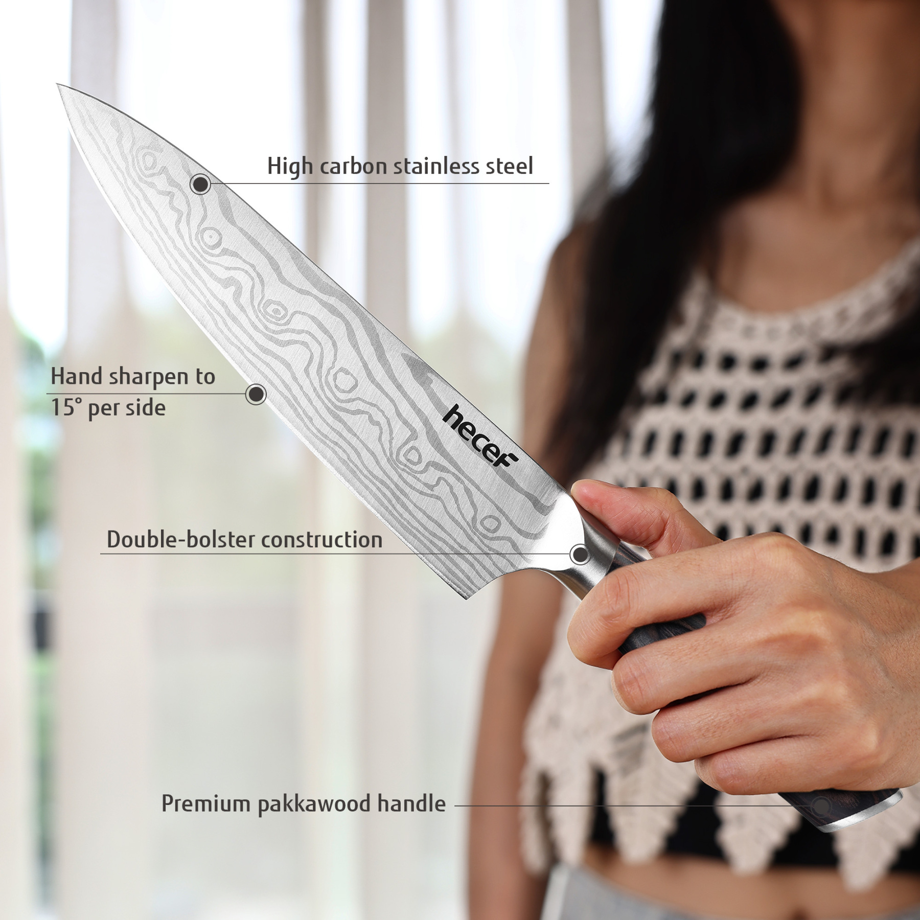 hecef 3PCS Professional Knife Set Stainless Steel Ergonomic wood Handle Laser Damascus Pattern Extra Sharp and Versatile, For Chef, Nakiri & Utility Knife, Perfect for all Kitchen Tasks