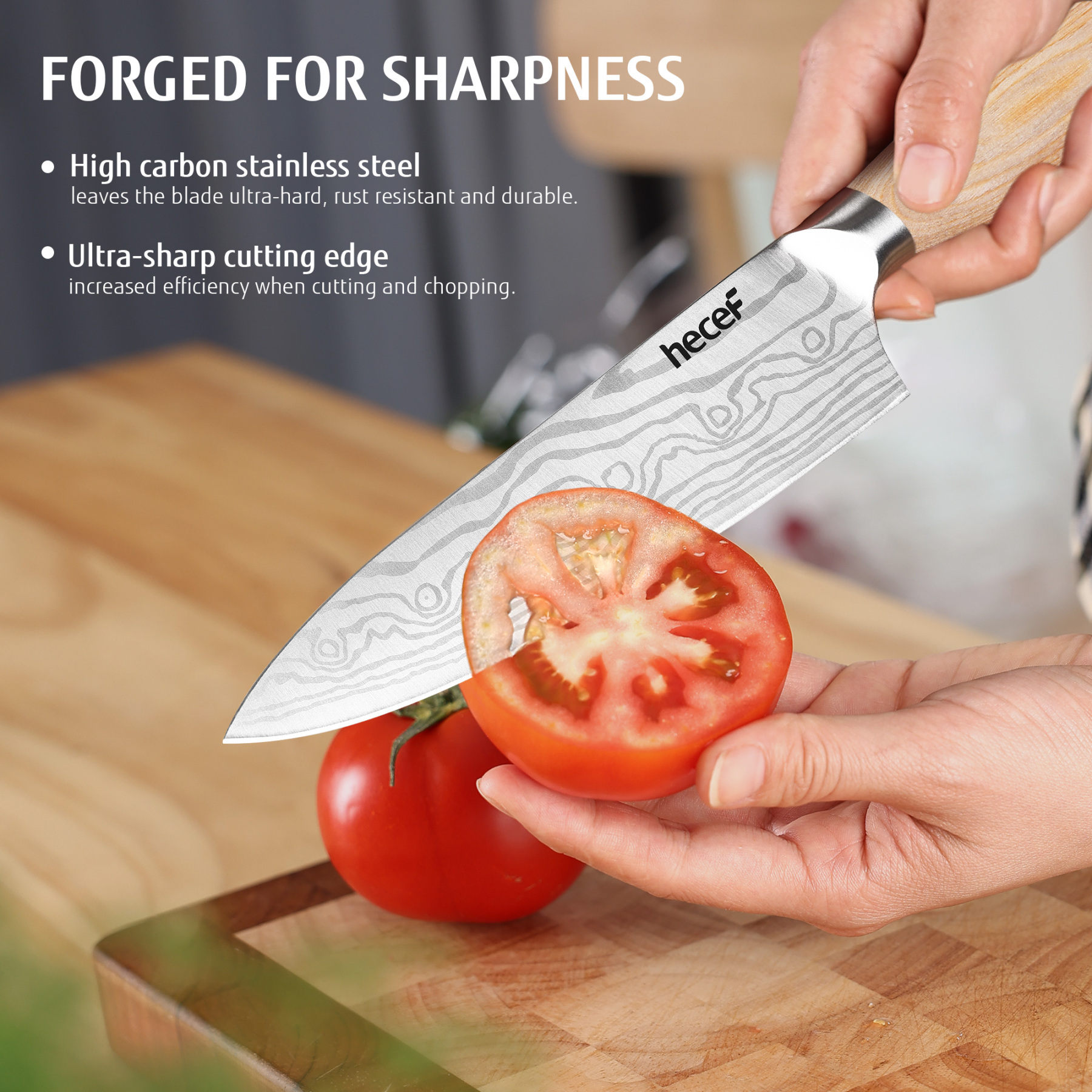 hecef 3PCS Professional Knife Set Stainless Steel Ergonomic wood Handle Laser Damascus Pattern Extra Sharp and Versatile, For Chef, Nakiri & Utility Knife, Perfect for all Kitchen Tasks