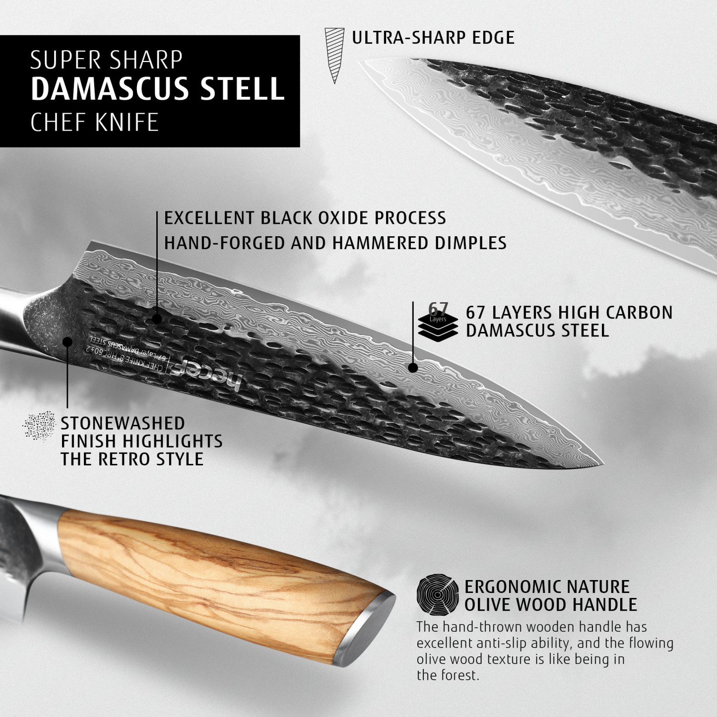 Hecef 8-Inch Japanese Chef Knife, Forged 67-Layer Damascus Steel Ultra Sharp Professional Hammered Carving Knife