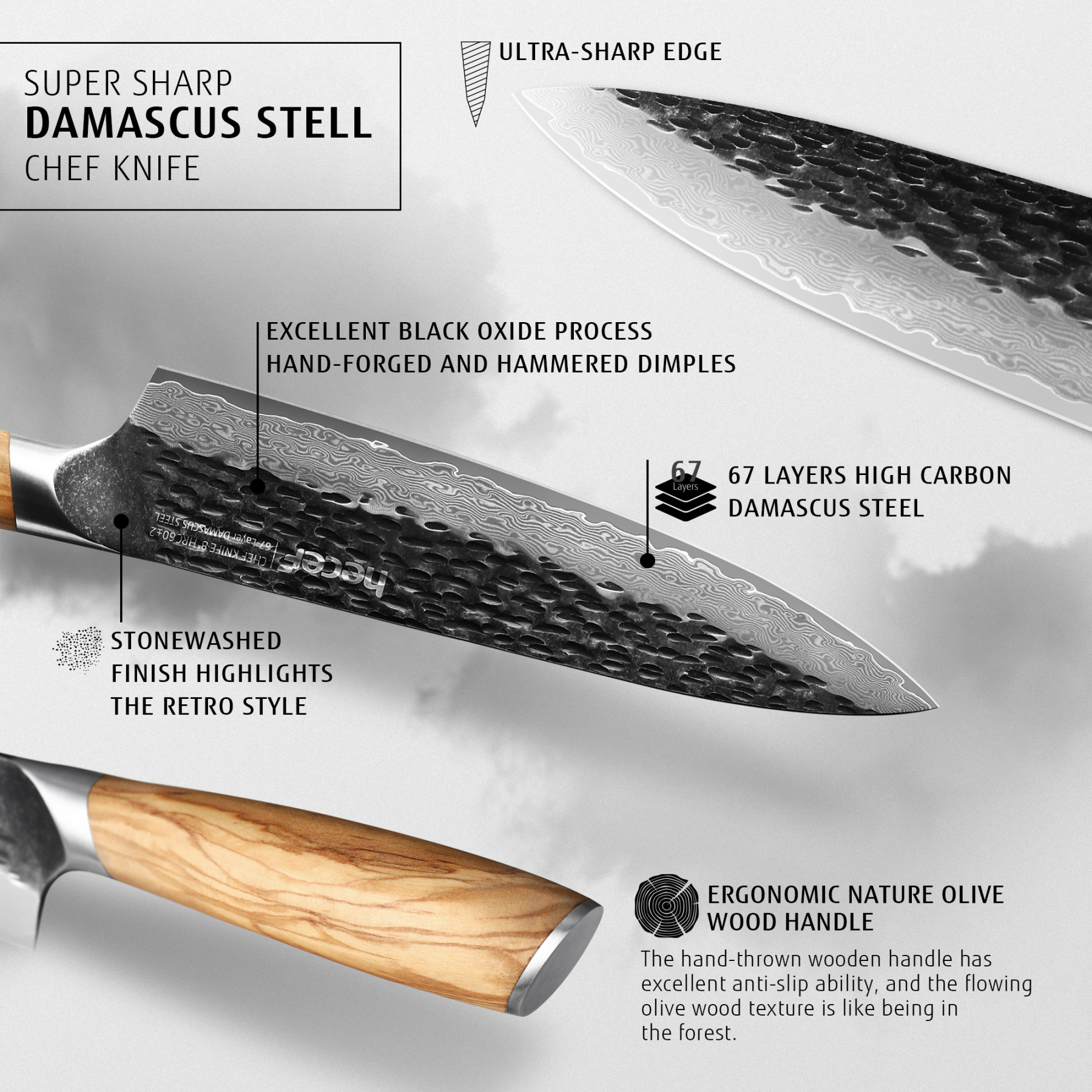 Hecef 8-Inch Japanese Chef Knife, Forged 67-Layer Damascus Steel Ultra Sharp Professional Hammered Carving Knife