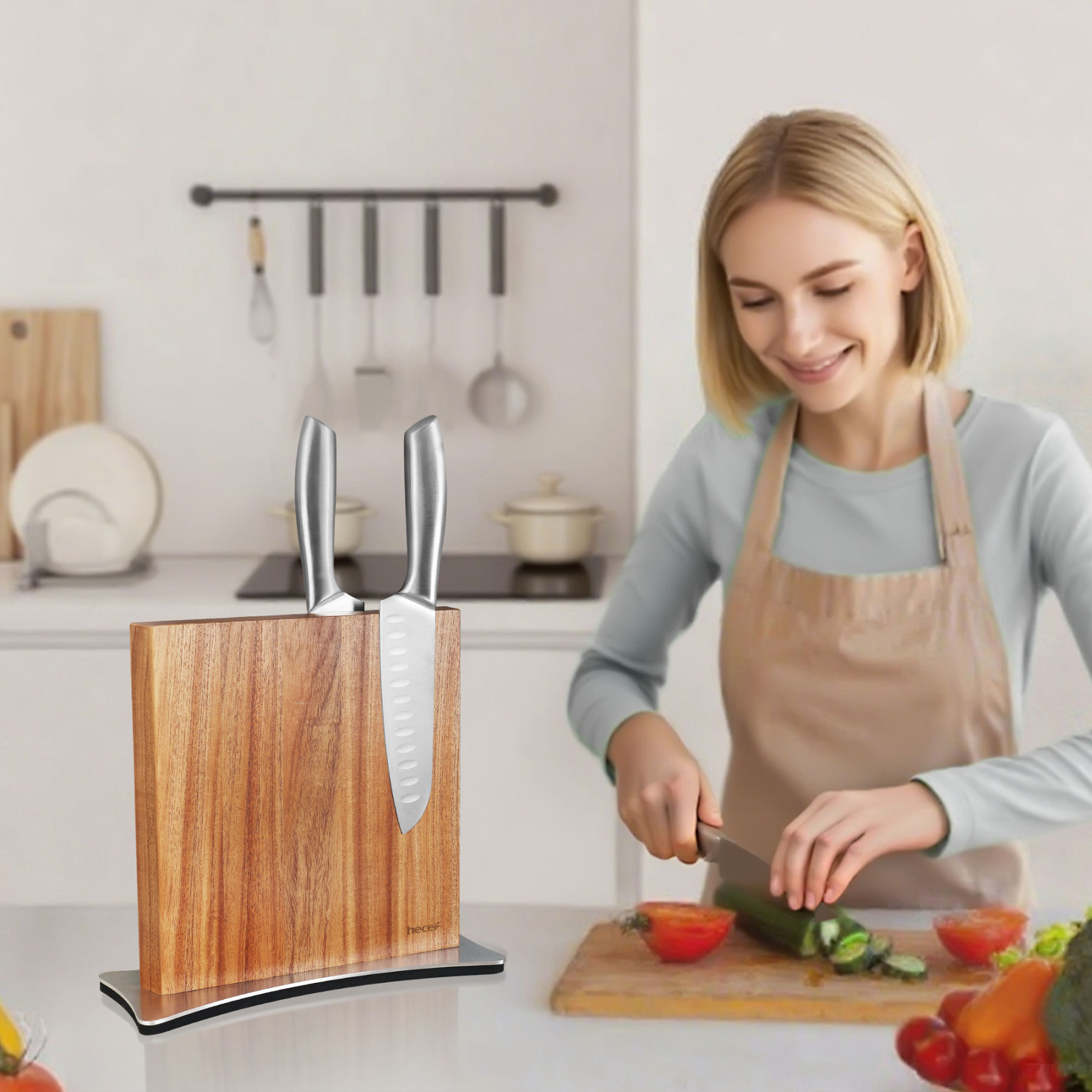 Hecef Double-Sided Magnetic Knife Block, Chinaberry Wood Knife Holder with Stainless Steel Base