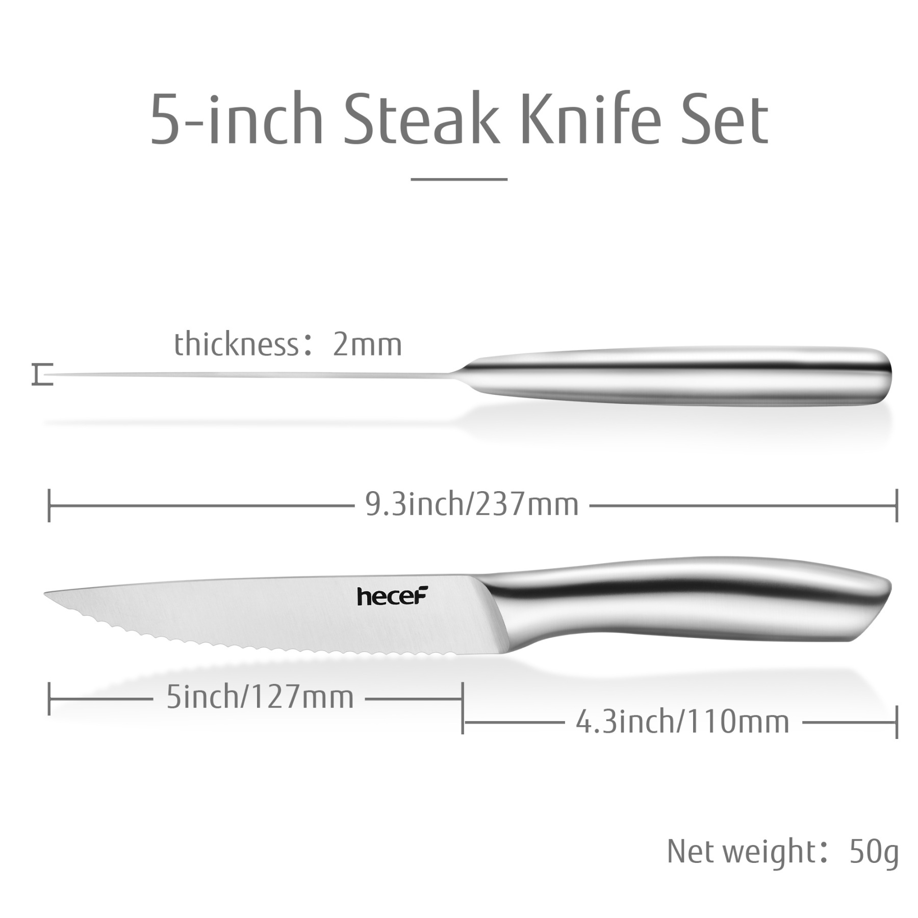Hecef 6PCS All-steel Steak Knives, 5-inch High-carbon Stainless Steel Sharp Serrated Edge Dishwasher safe knives
