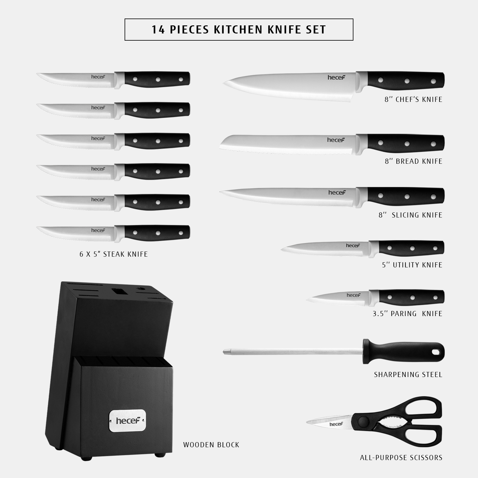 Hecef 14-Piece Black Knife Set with Block, Ultra-Sharp Stainless Steel Kitchen Knives with Comfortable Grip