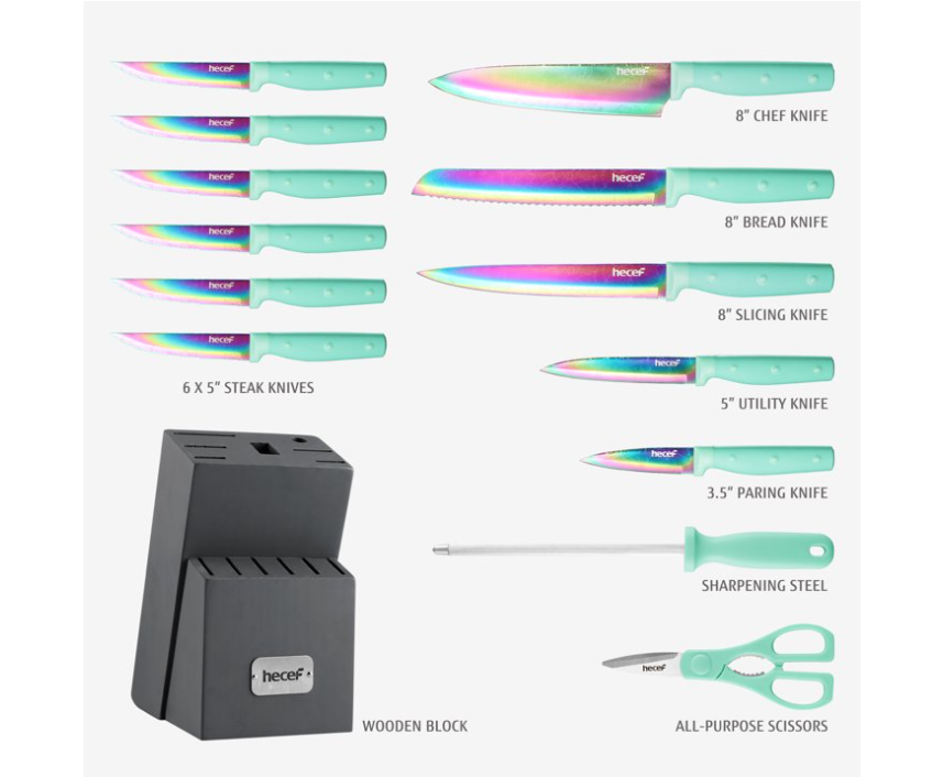 Hecef Dishwasher Safe Knife Block Set, Rainbow Titanium Coated Kitchen Knives Set with Scissors, Steak Knives