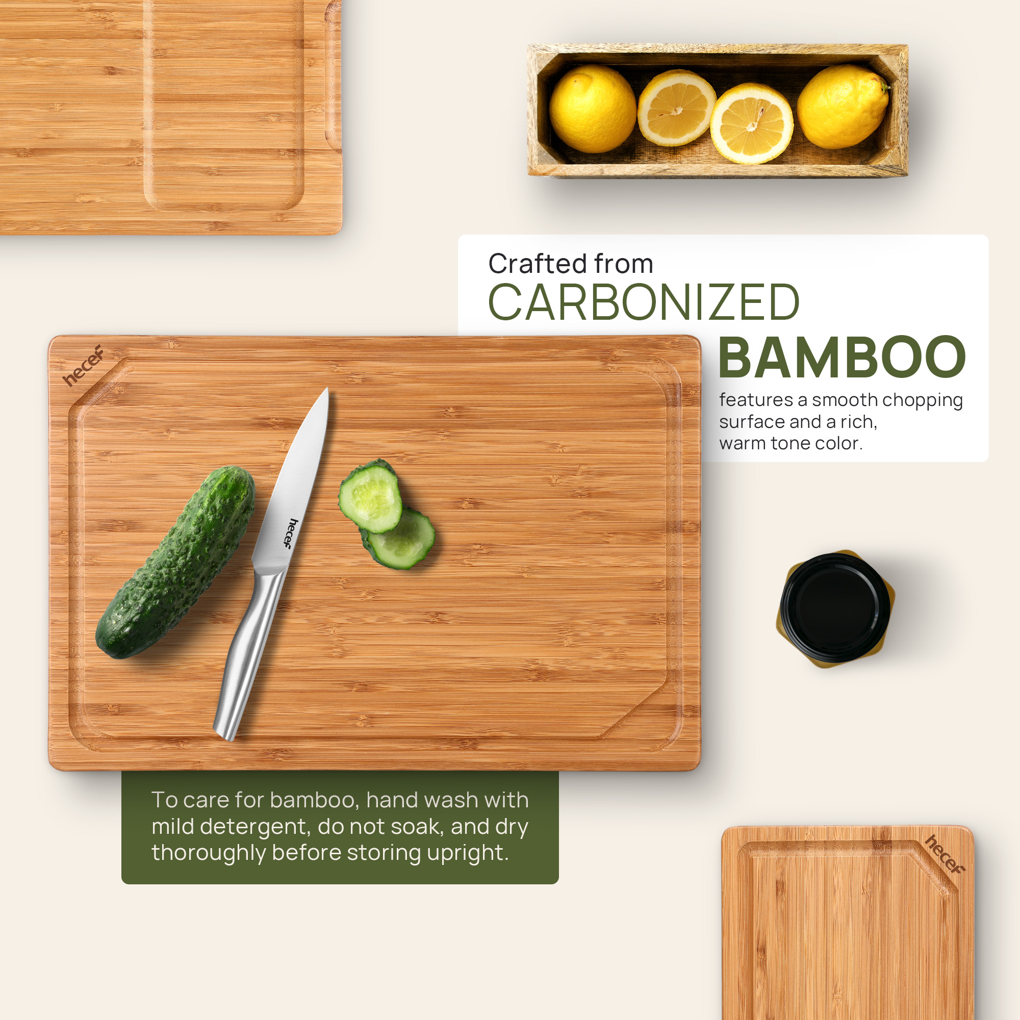 Hecef Carbonized Bamboo Cutting Board Set With Stand, 3 Reversible Chopping And Serving Boards, 15 Inch