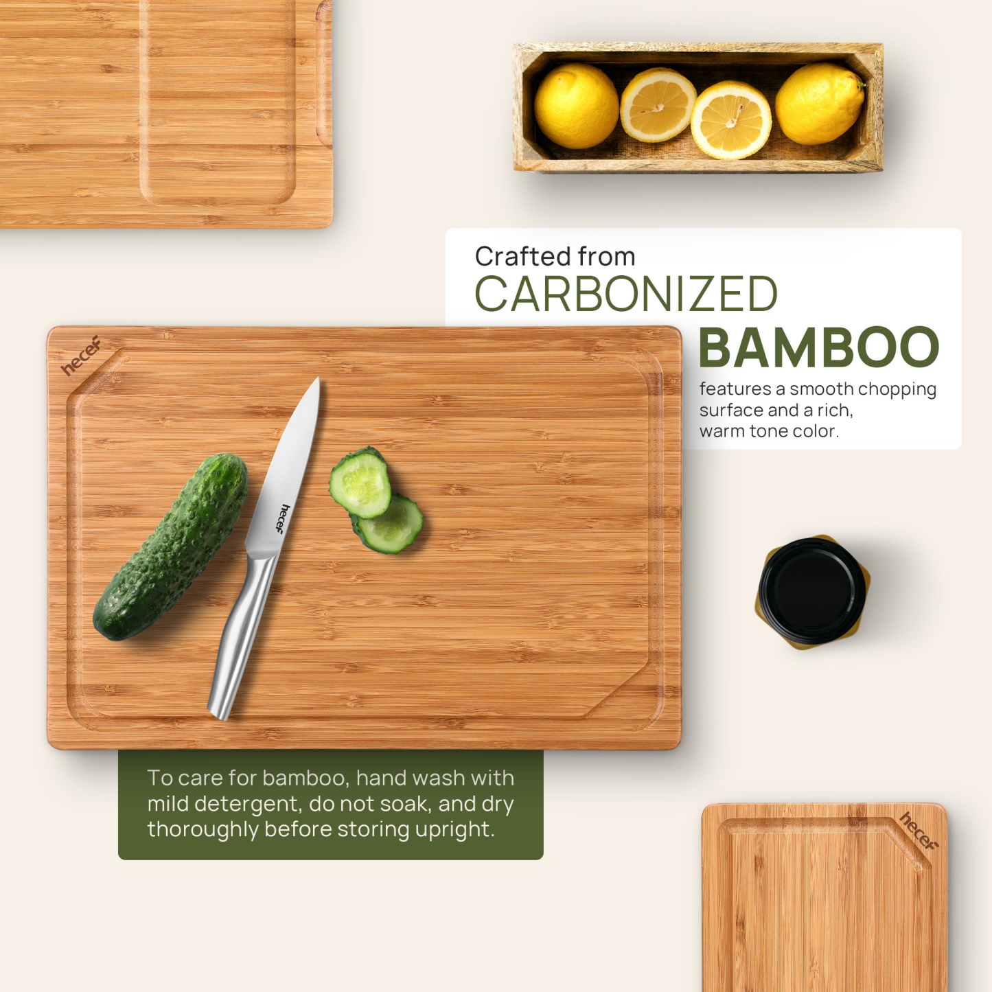 Hecef Carbonized Bamboo Cutting Board Set With Stand, 3 Reversible Chopping And Serving Boards, 15 Inch