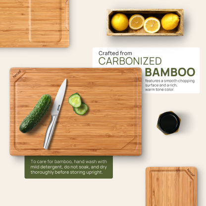Hecef Carbonized Bamboo Cutting Board Set With Stand, 3 Reversible Chopping And Serving Boards, 15 Inch