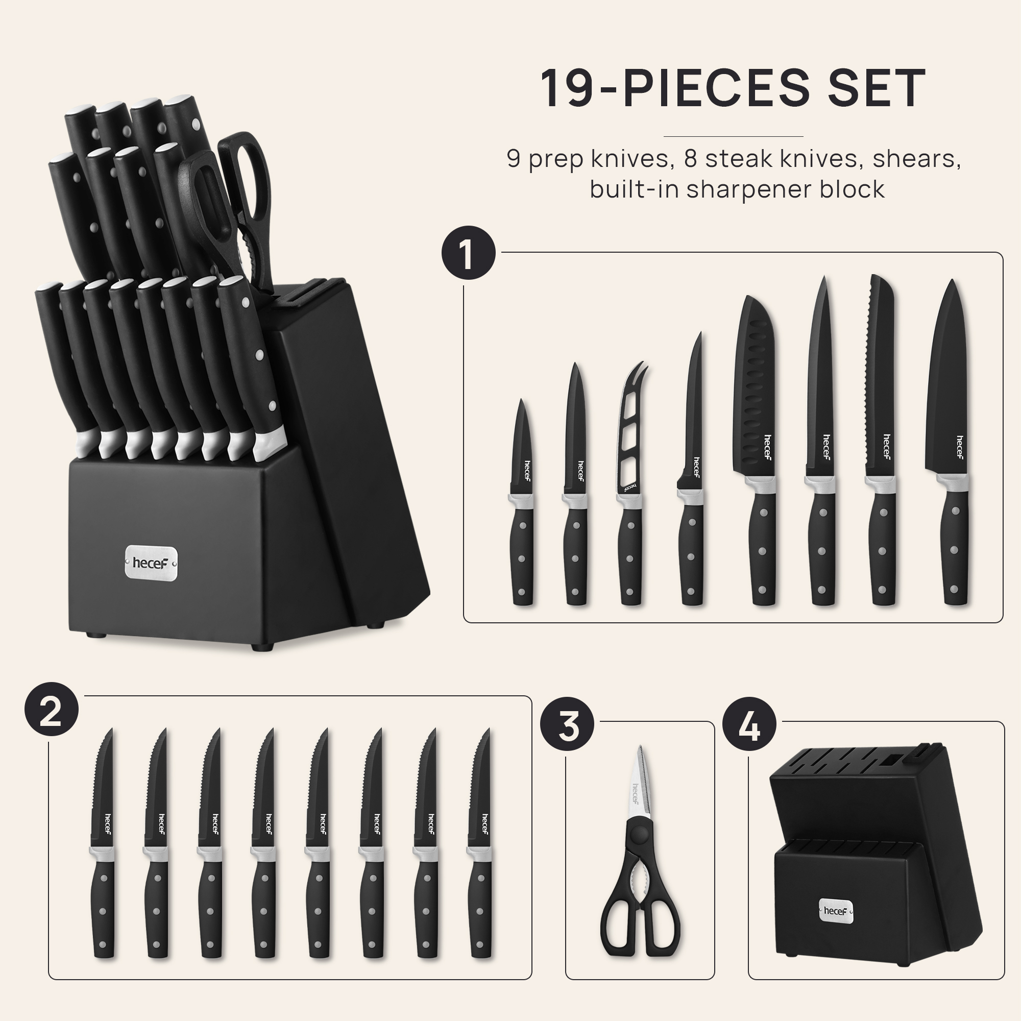 Hecef Upgraded 19 Piece Kitchen Knife Set With Block And Built In Sharpener, Dishwasher Safe Knives