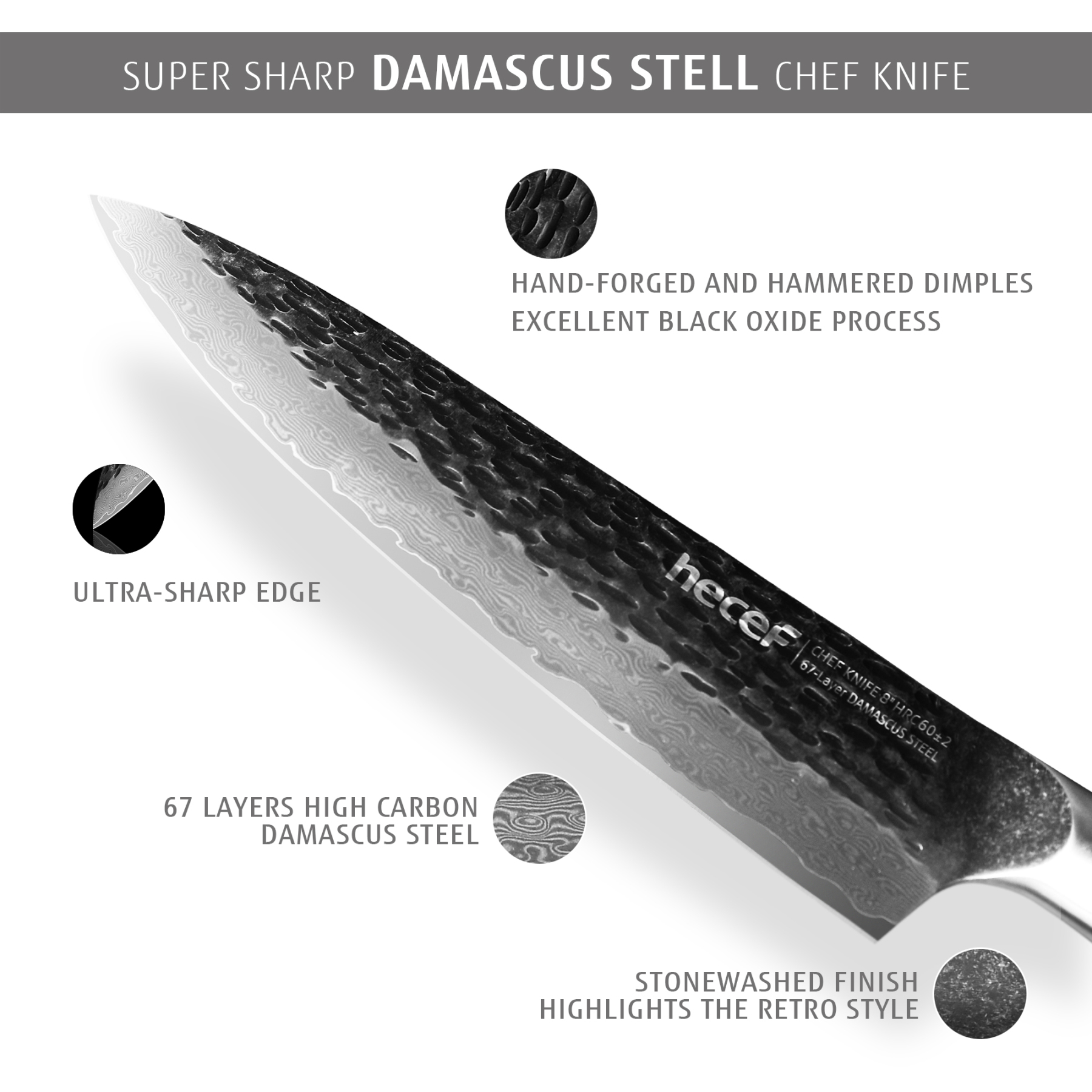 Hecef 8-Inch Japanese Chef Knife, Forged 67-Layer Damascus Steel Ultra Sharp Professional Hammered Carving Knife