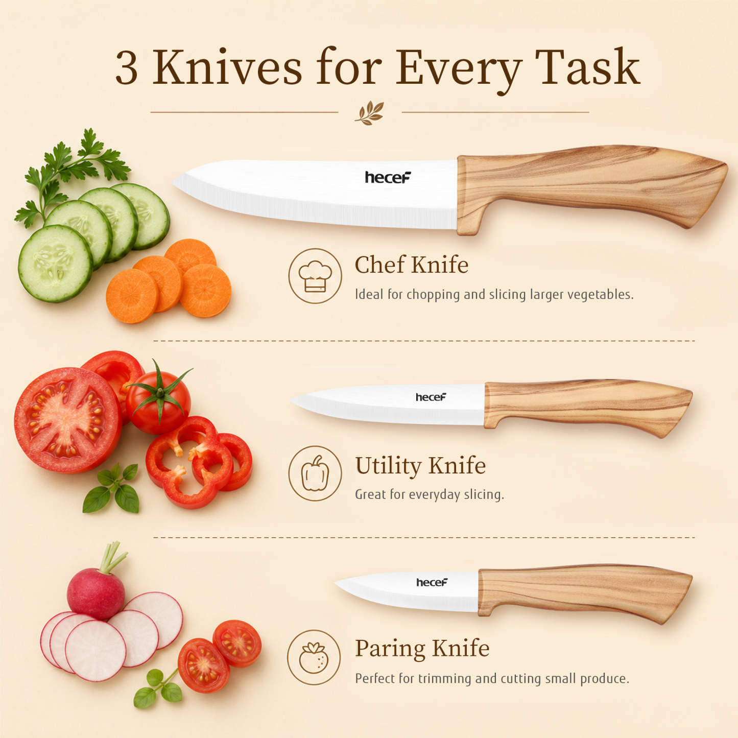 Hecef 3 Piece Ceramic Knife Set With Blade Covers, Ergonomic Wood Grain Handles