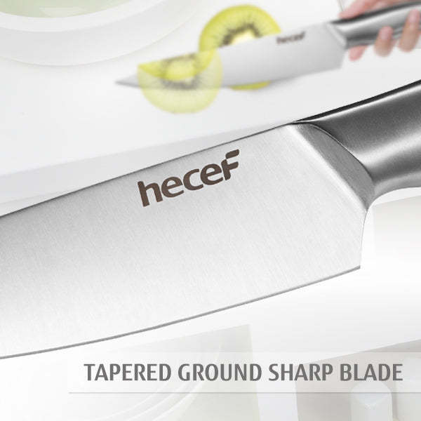 hecef 6 Pcs Knife Set with Stand, Double Sided Powerful Magenetic Acacia Wood Block, All Metal Construction Stainless Stain Hollow with Tapper Base Knife Gift Set - Hecef Kitchen