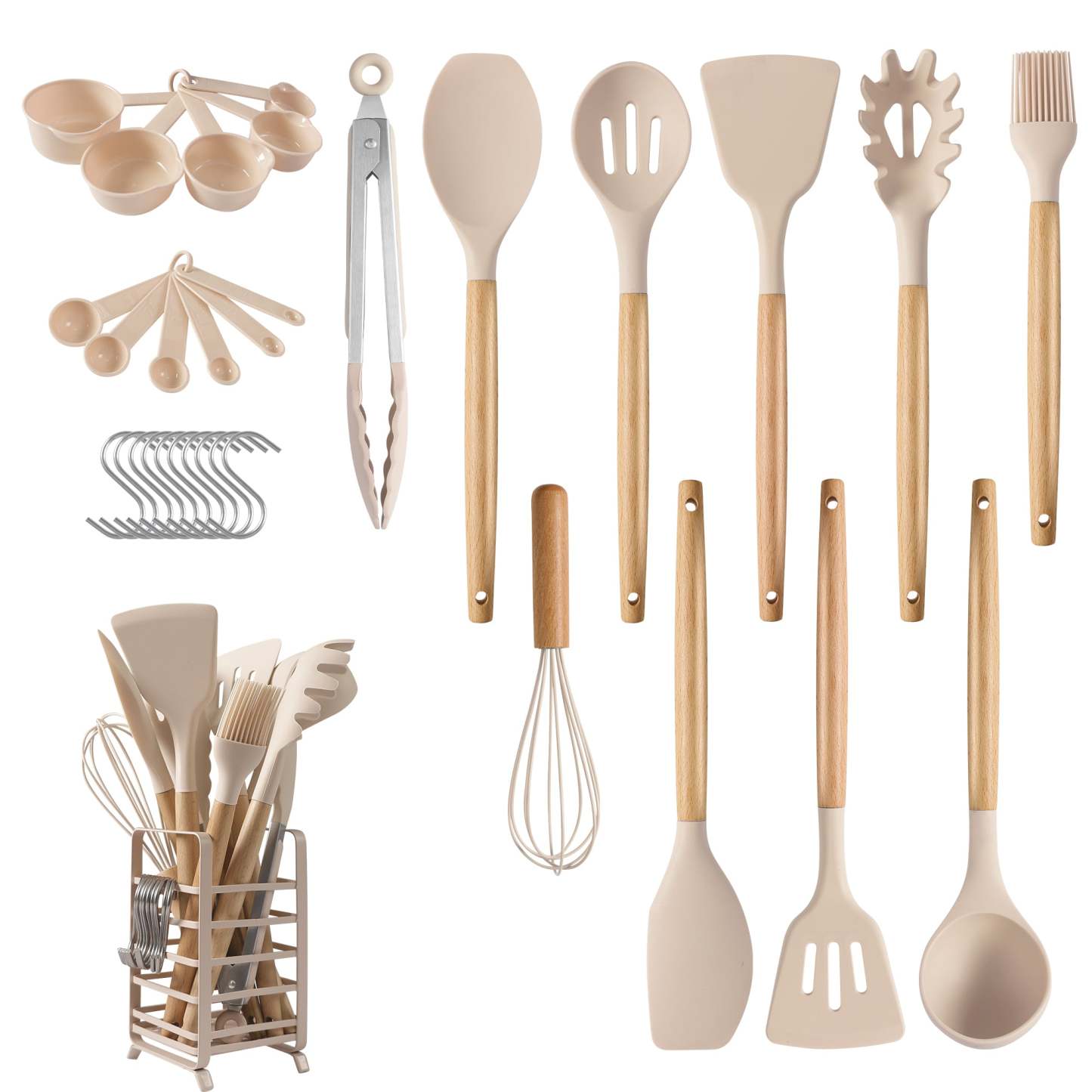 Hecef 32 PCS Kitchen Utensils Set, Silicone Cooking Utensils Set with Stainless Steel Holder, 446°F Heat Resistant Food Grade Kitchen Gadgets Tools Set Wooden Handle for Nonstick Cookware - Hecef Kitchen
