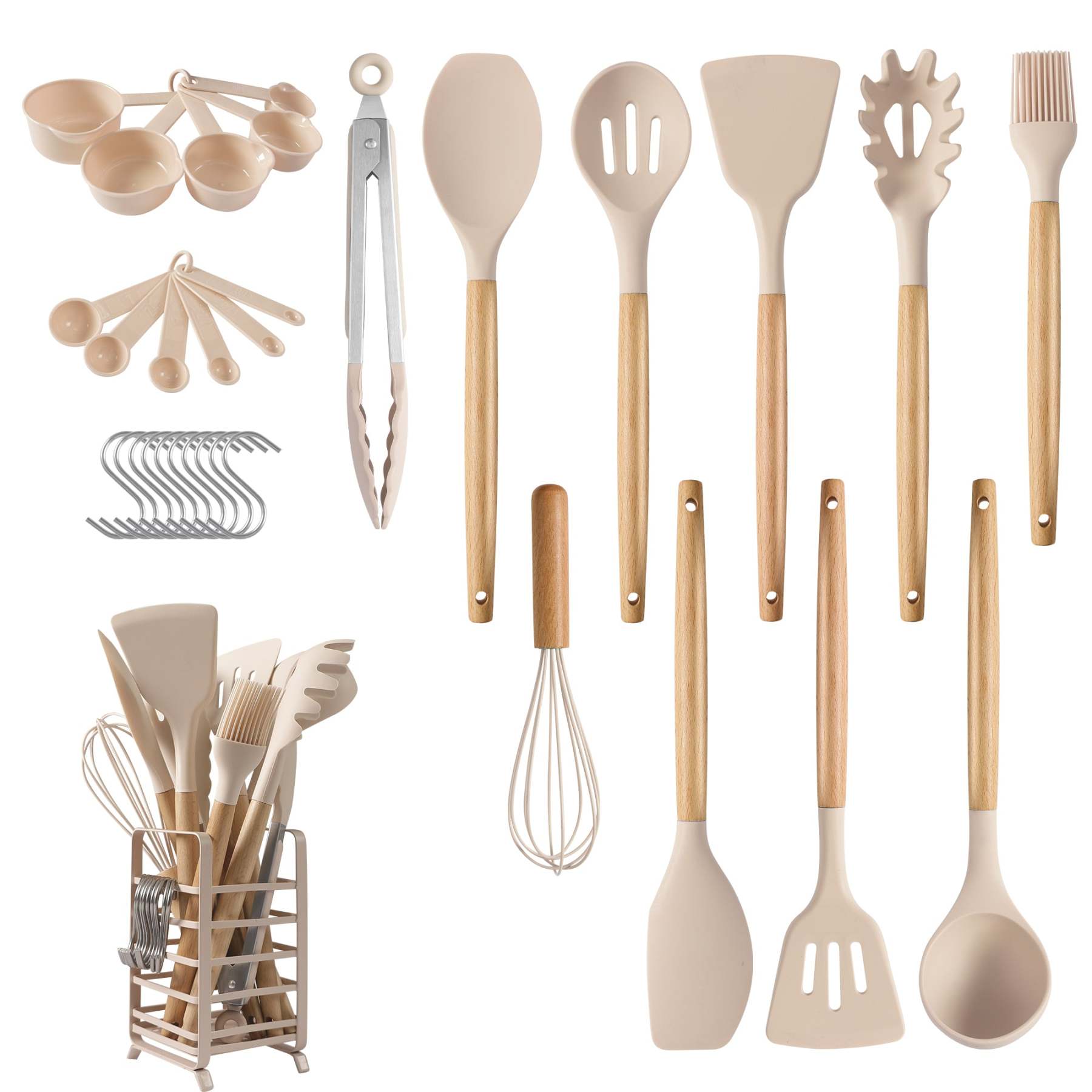 Hecef 32 PCS Kitchen Utensils Set, Silicone Cooking Utensils Set with Stainless Steel Holder, 446°F Heat Resistant Food Grade Kitchen Gadgets Tools Set Wooden Handle for Nonstick Cookware - Hecef Kitchen
