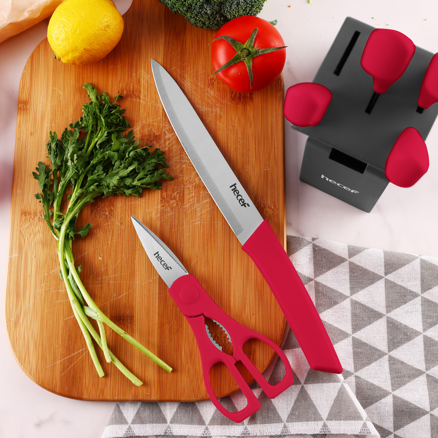 hecef 7-Piece Knife Block Set with Sharp and Non-stick Stainless Steel Blade and Ergonomic Handle