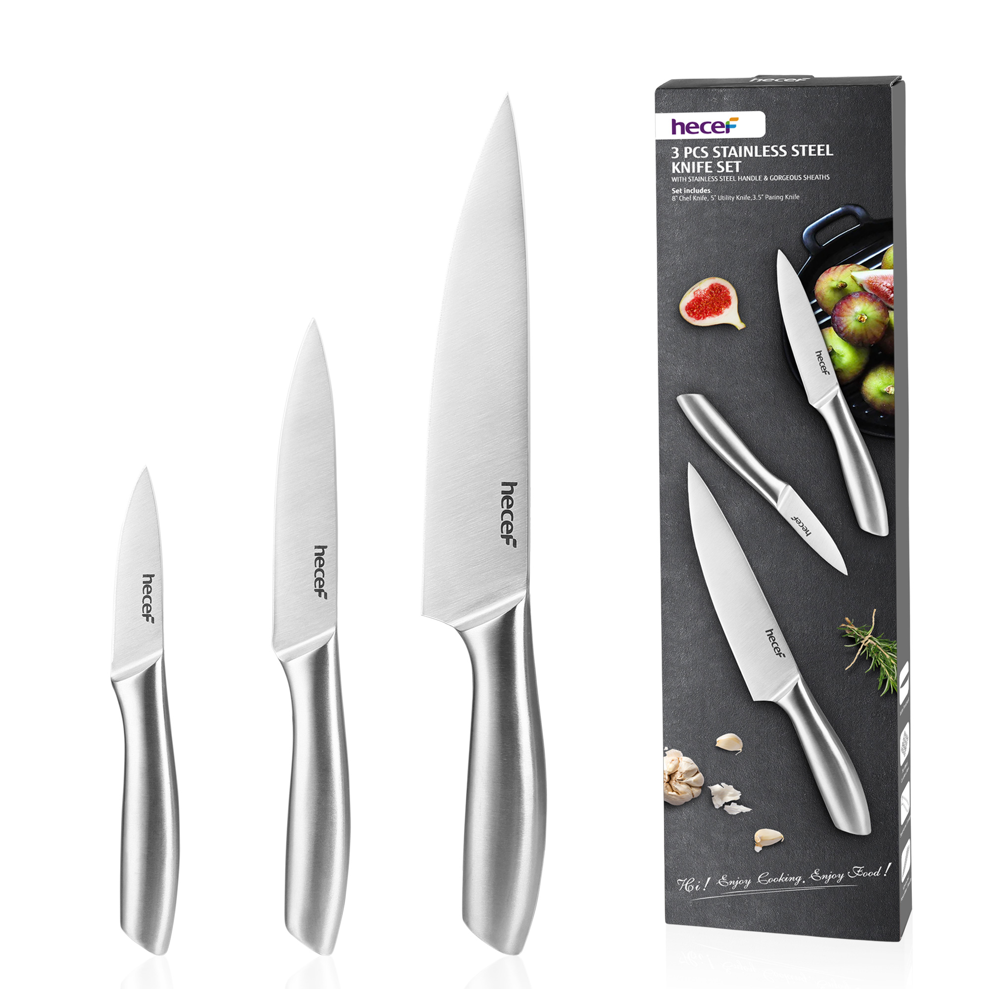 hecef 3-piece knife set sharp kitchen knives with stainless steel blade and hollow handle blade guard