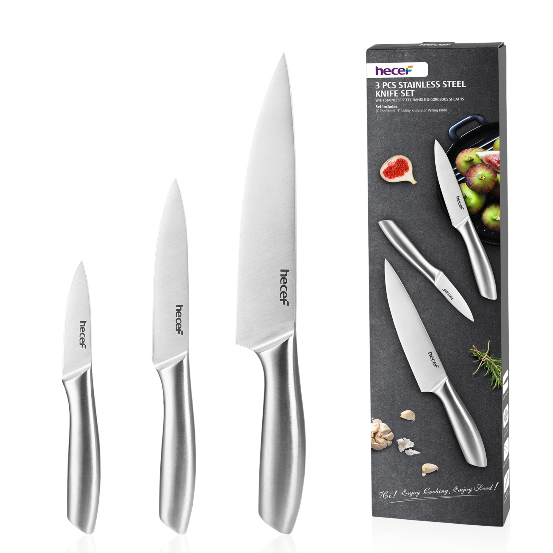 hecef 3-piece knife set sharp kitchen knives with stainless steel blade and hollow handle blade guard