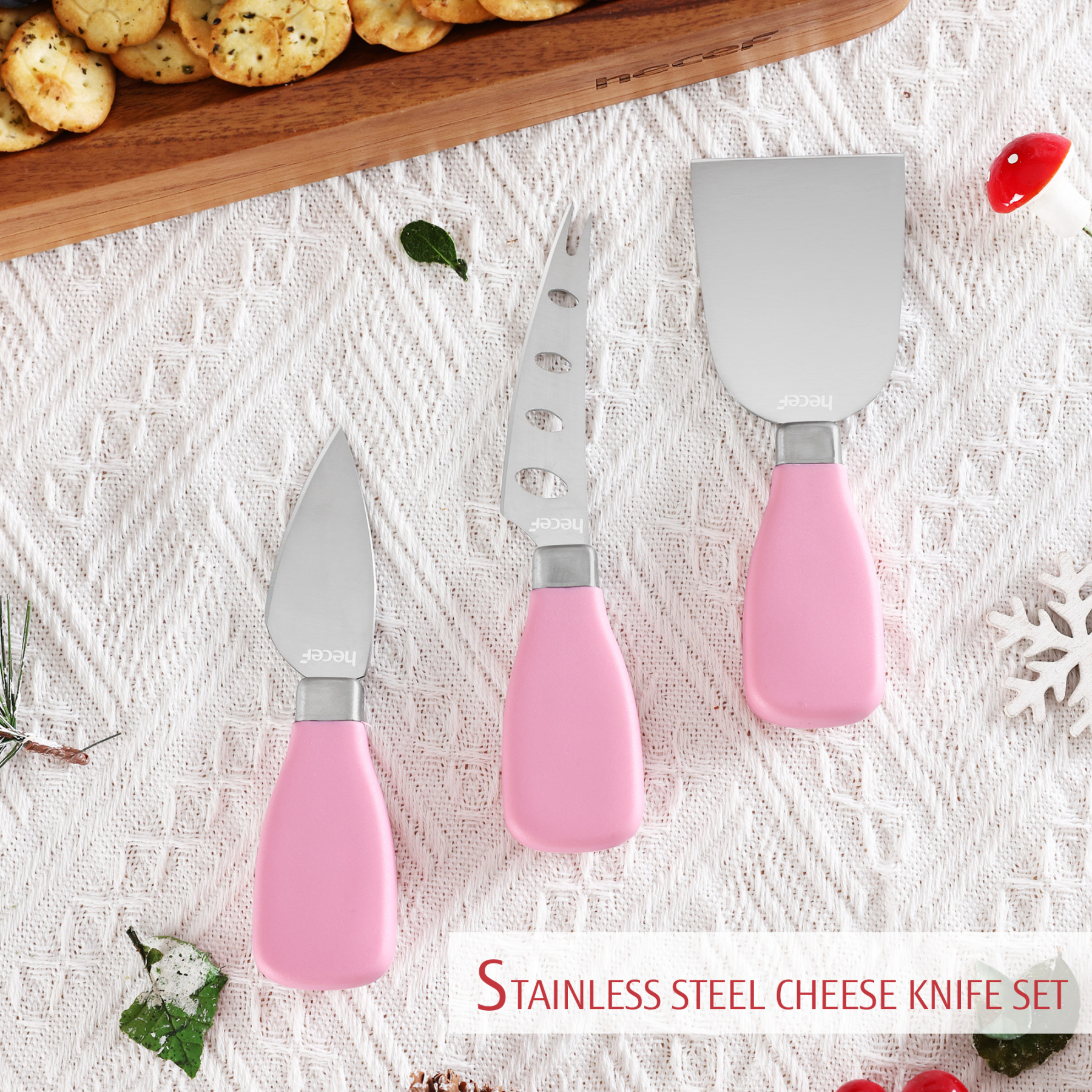 hecef Large Wooden Cheese Board with Knives Dessert Forks 2 Magnetic Drawers & Pink Silicone Bowls Charcuterie Board Set