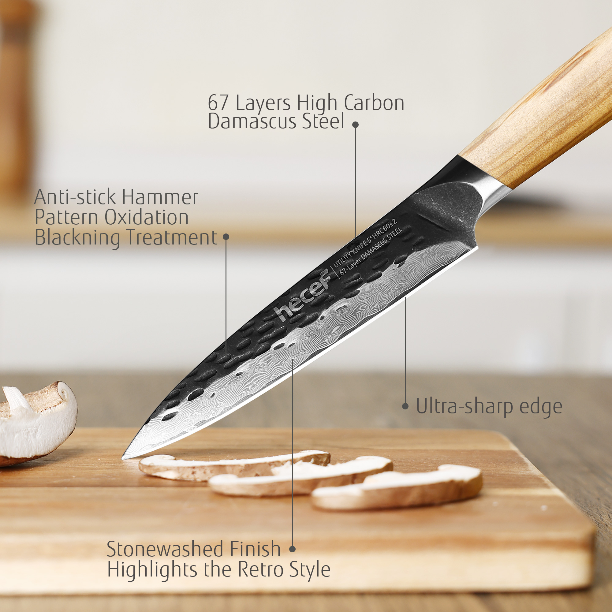 hecef 5 Inch Chef Knife Damascus Professional Japanese Knife, High Carbon Damascus Stainless Steel Kitchen Knife