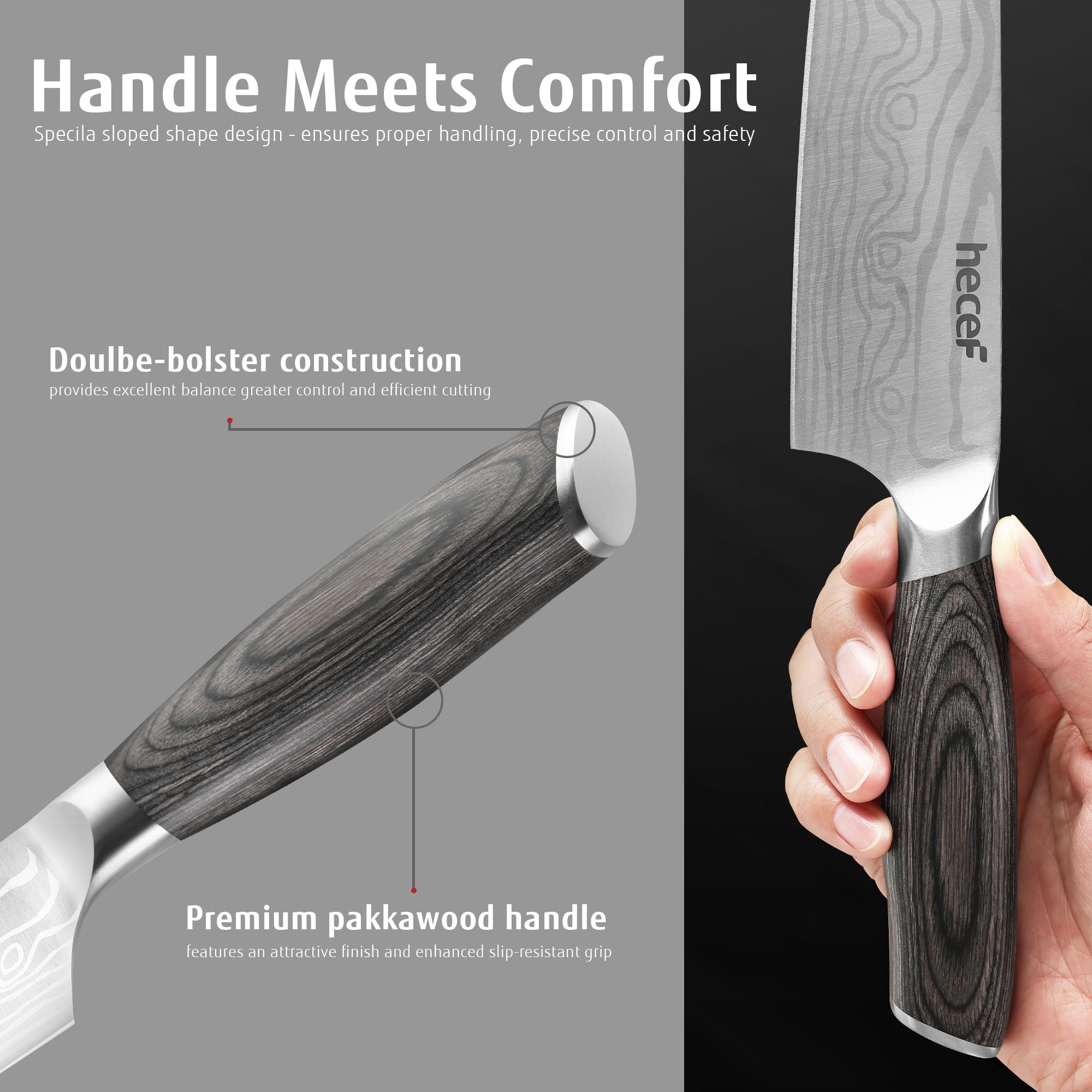 Hecef 8-Inch Chef Knife with Japanese Damascus Pattern and Ergonomic Wood Handle